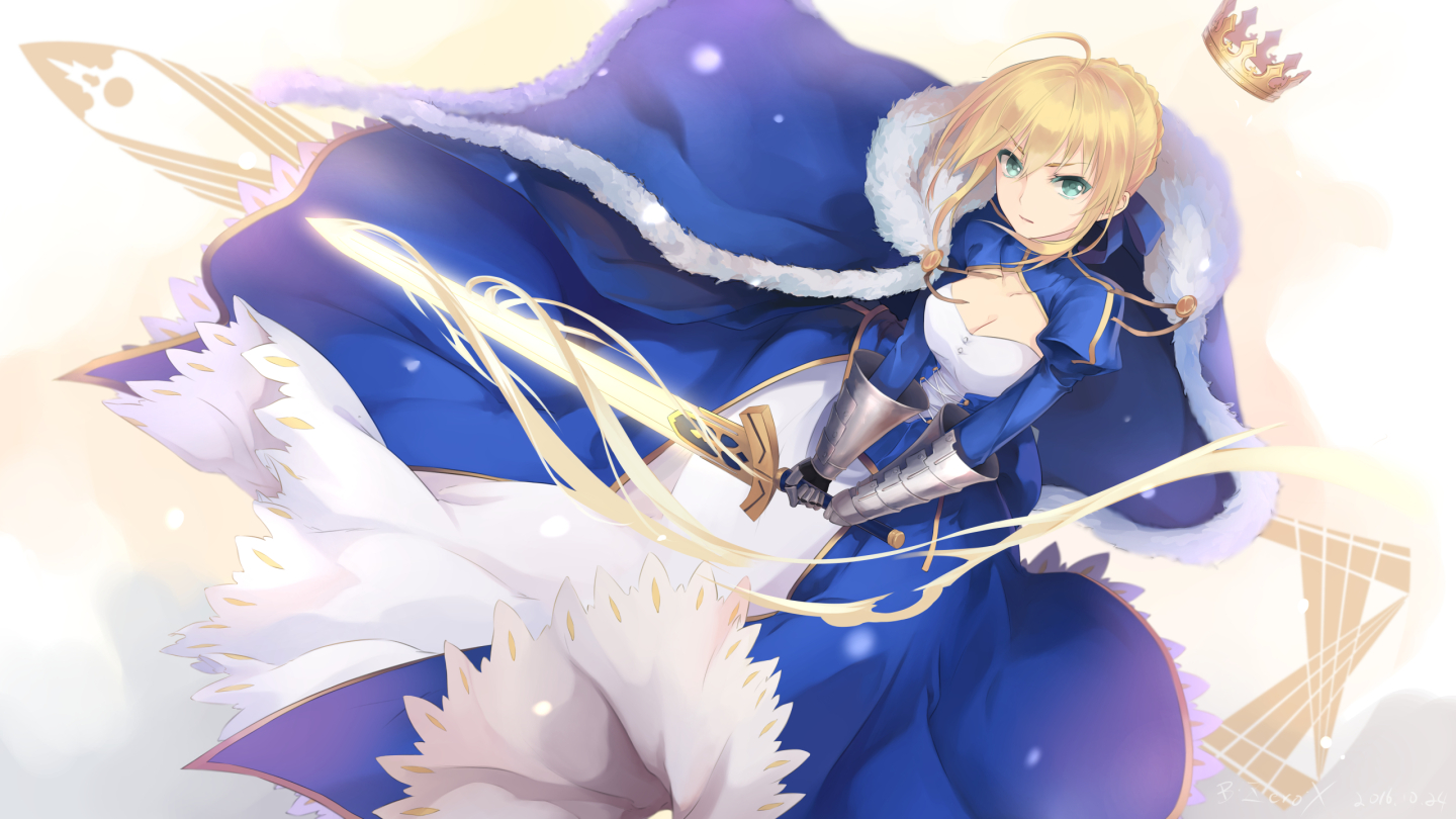 Fate Series FGO Fate Stay Night Anime Girls 2D Women With Swords Long Hair Blond Hair Blue Dress Exc 1440x810