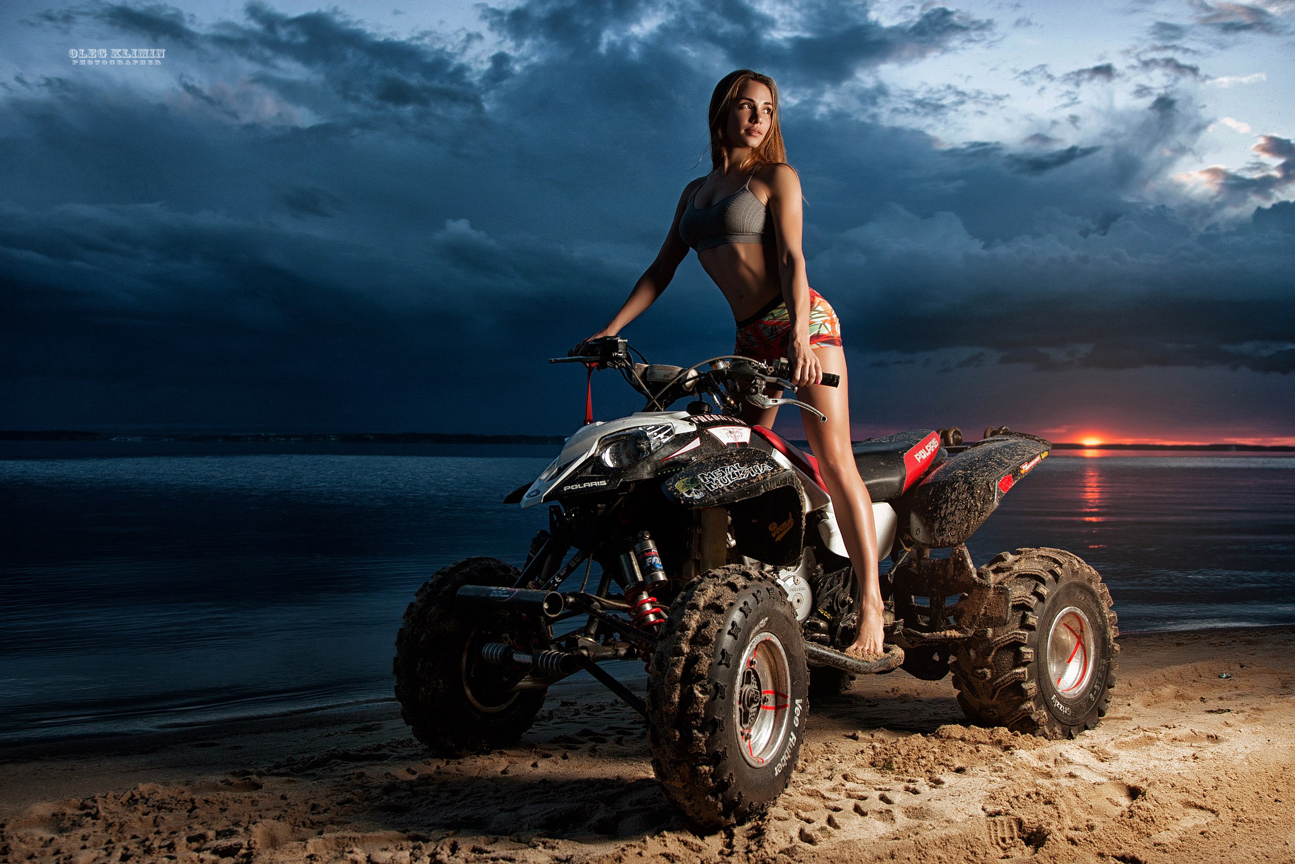 Women ATVs Tanned Sand Sea Women Outdoors Sunset Oleg Klimin 2560x1707