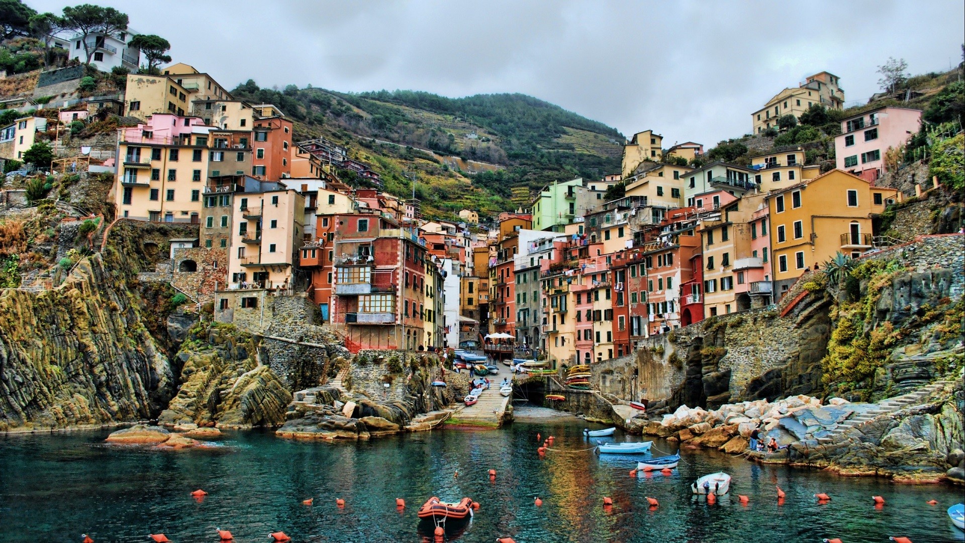 Cinque Terre Italy Sea Hills Building House HDR Colorful Europe Coast Boat Cliff Rock 1920x1080
