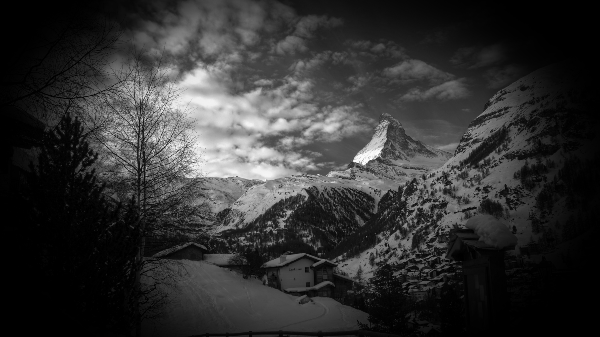Mountains Nature Monochrome Gray Switzerland Matterhorn Alps Winter Snow Trees Landscape House 1920x1080