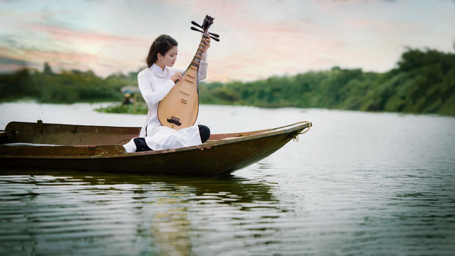 Asian Photography Model Women Women With Boats Traditional Clothing White Dress Brunette Guitarist W 1920x1080