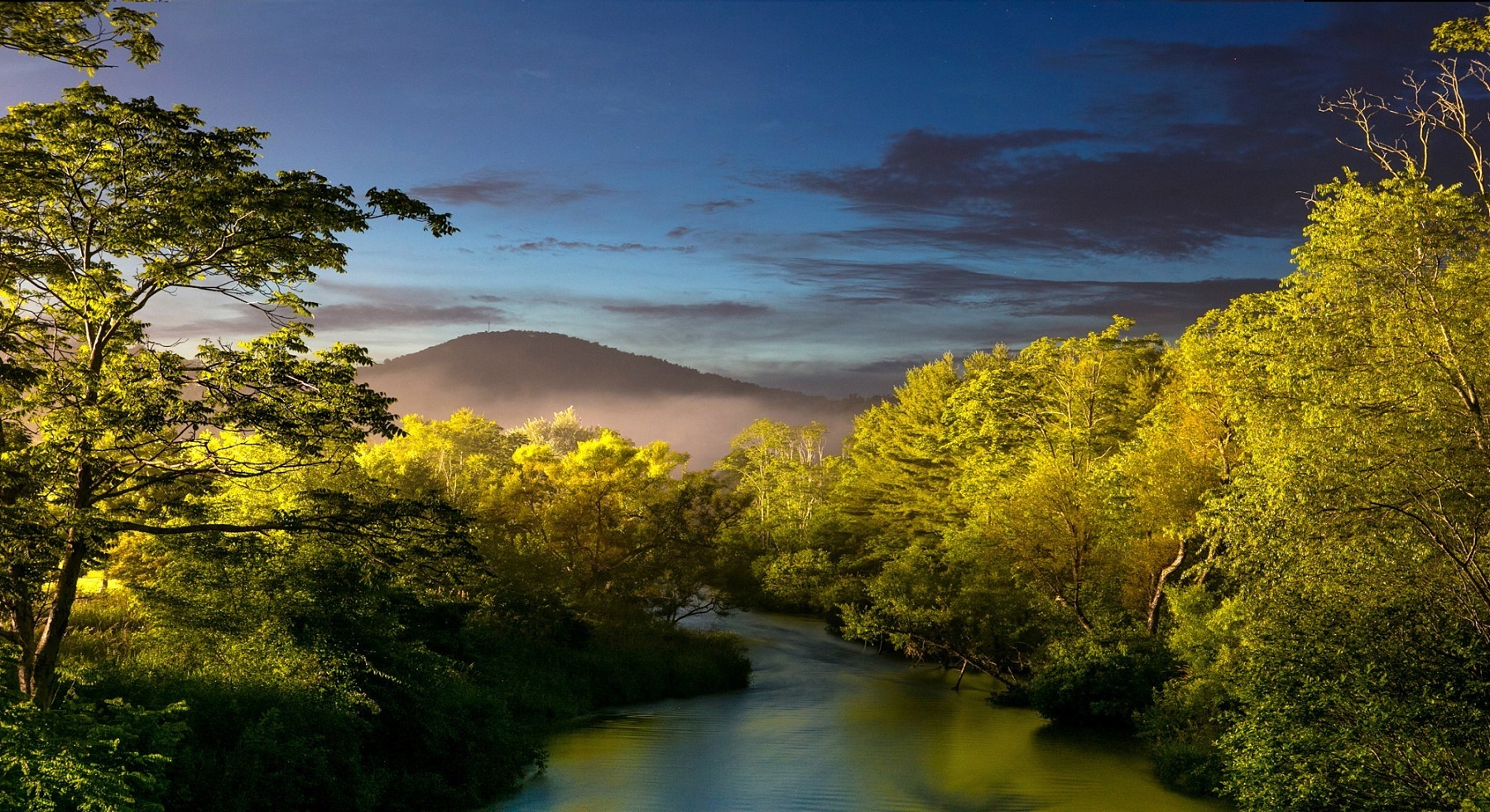 Nature Landscape Sunset Mist River Trees Shrubs Hills Sunlight 1800x981