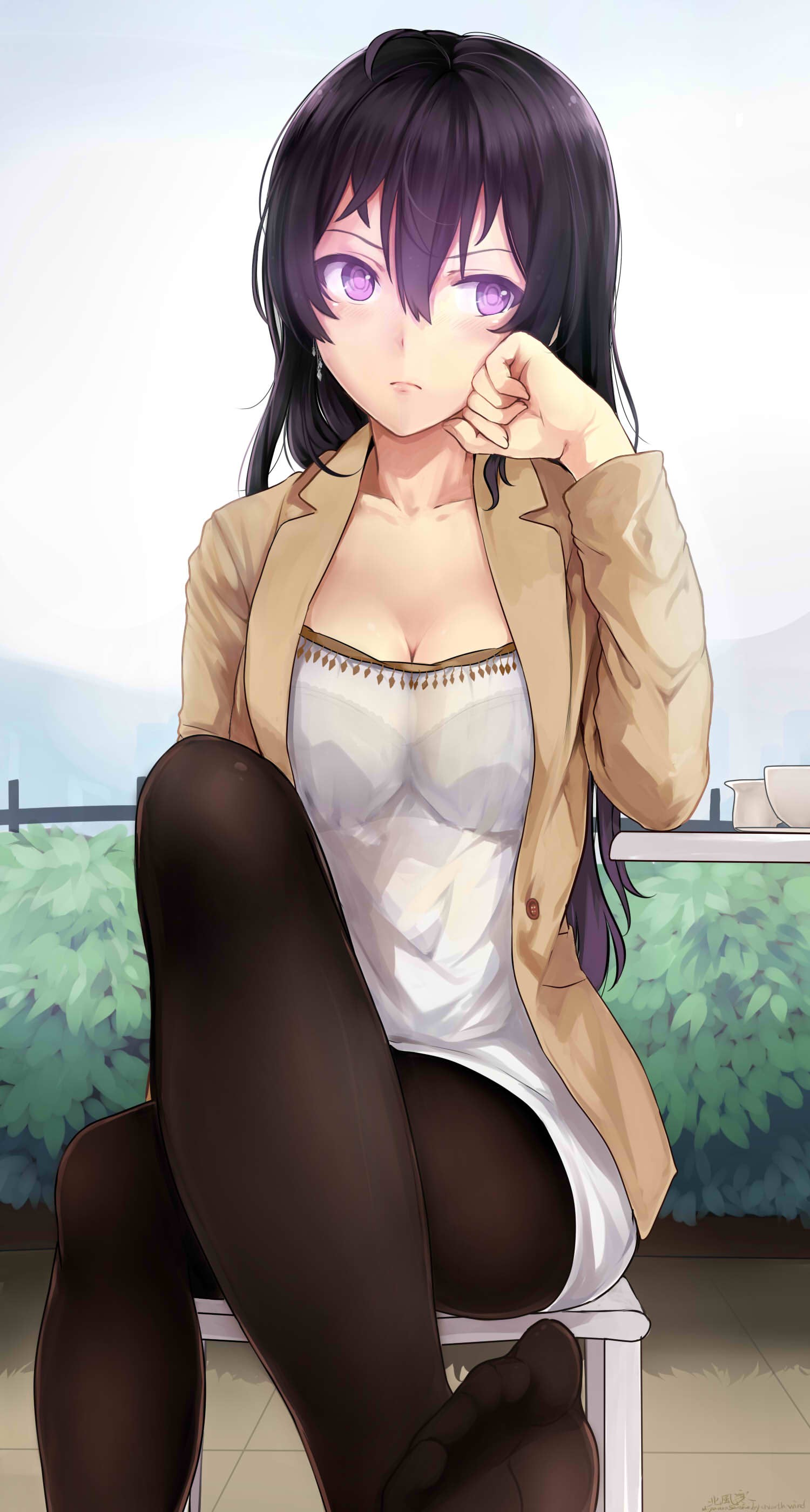 Anime Anime Girls Miyaura Sanshio Long Hair Black Hair Purple Eyes 1500x2800