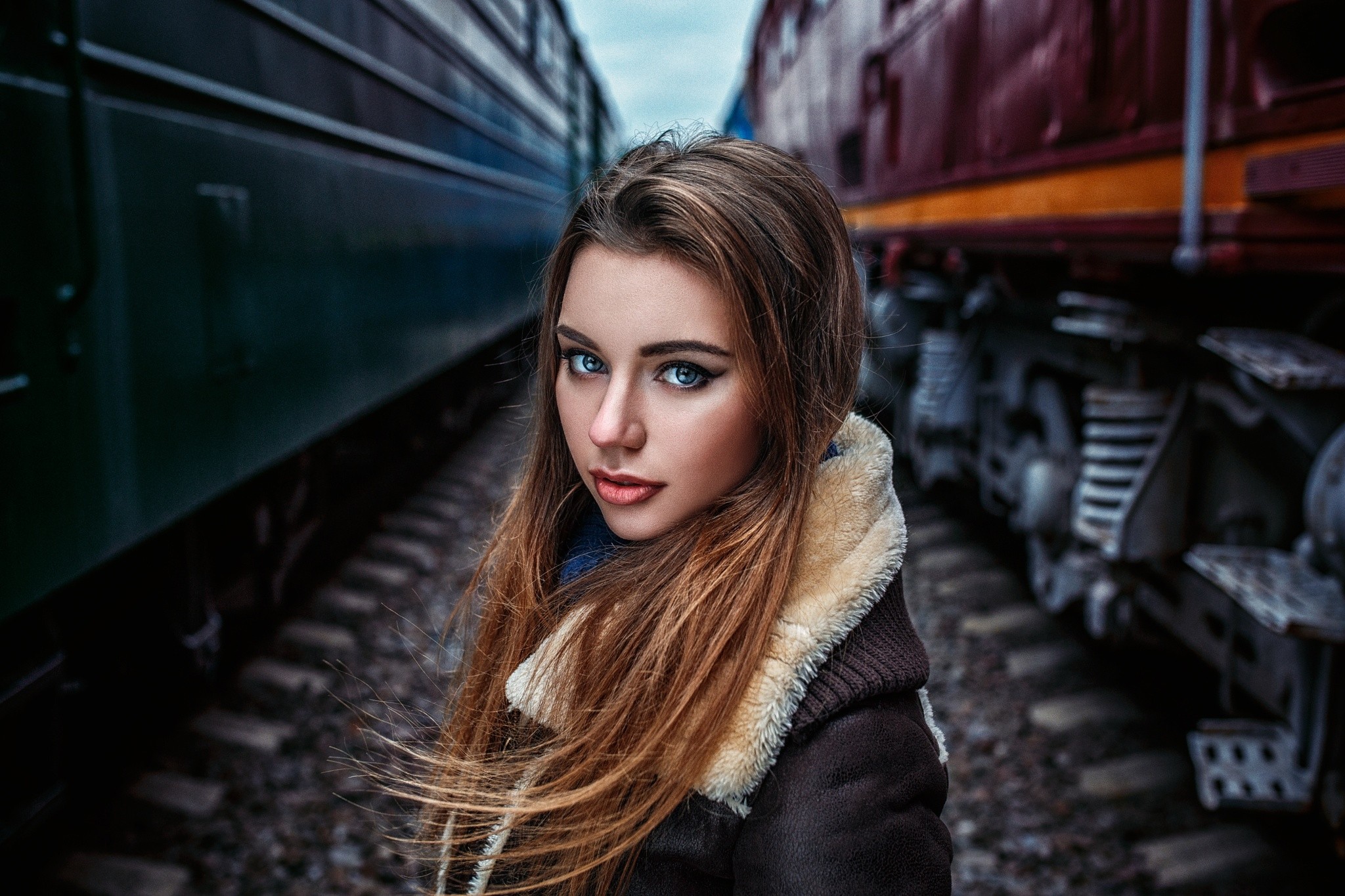 Women Portrait Face Train Sweater Daria Kodaneva Jacket Looking At Viewer Bomber Jacket Brown Jacket 2048x1365
