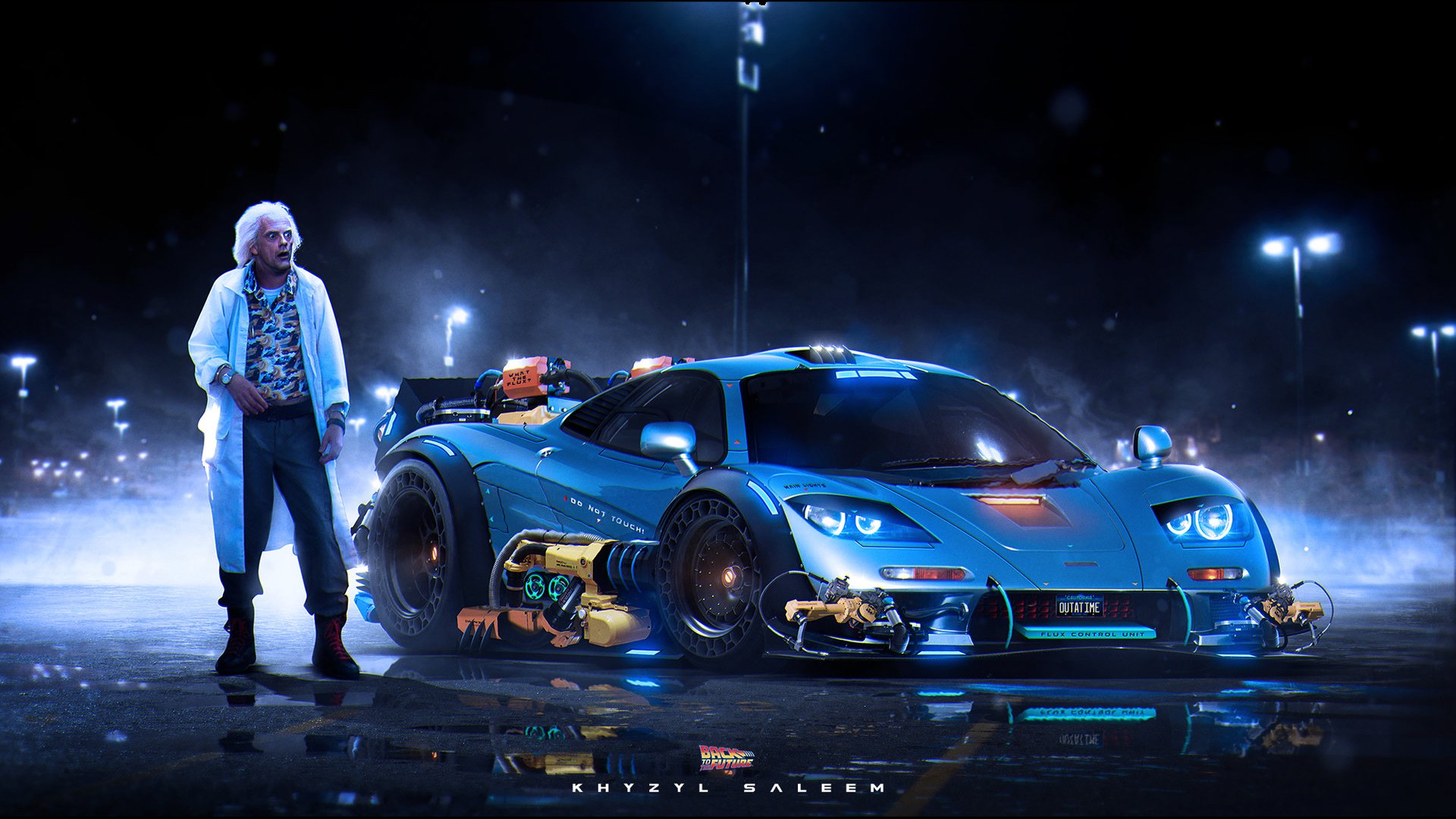 Back To The Future Dr Emmett Brown Artwork Digital Art Car McLaren F1 Cyan Wet Street Night Reflecti 1920x1080