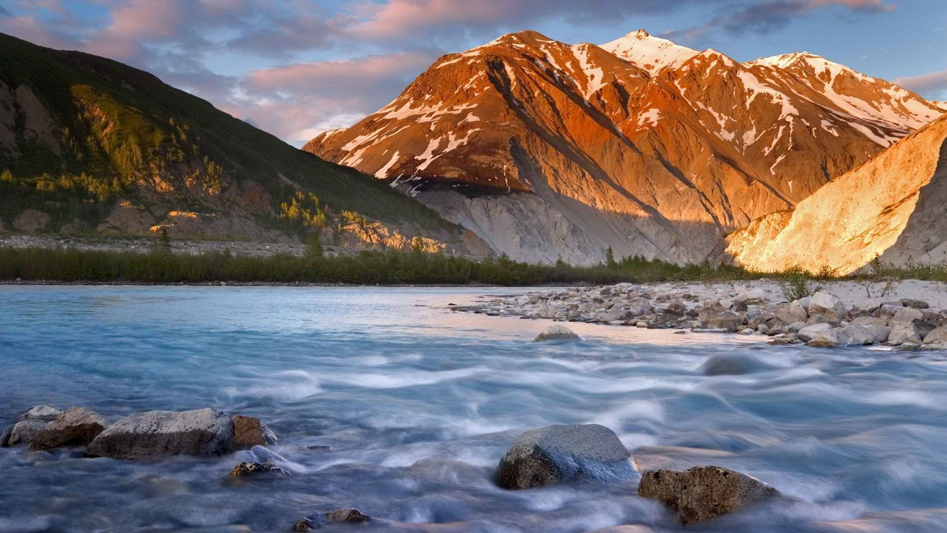 Nature Landscape River Mountains Snowy Peak Without People 1920x1080