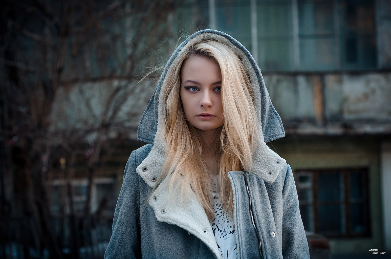 Women Andrei Moshkov Blonde Blue Eyes Looking At Viewer Hoods Depth Of Field Portrait Grey Coat 1546x1024