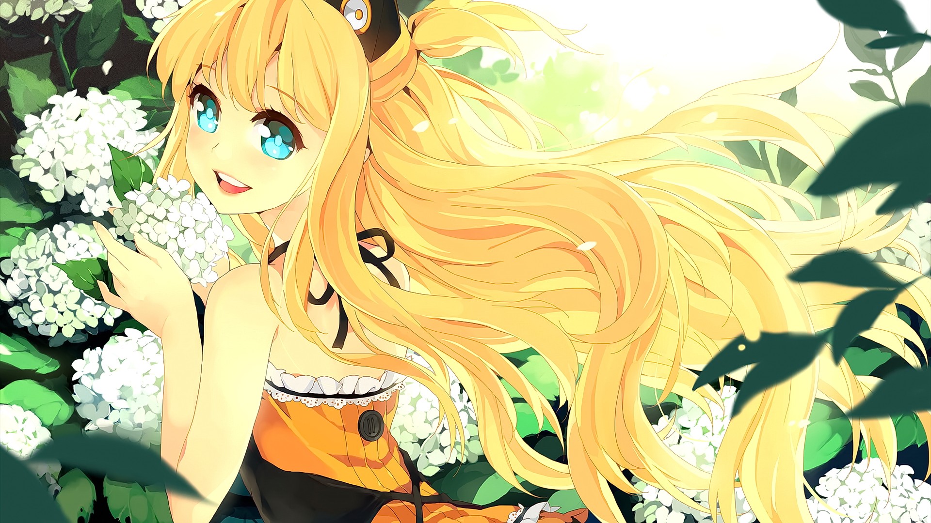 Anime Anime Girls Blonde Long Hair Blue Eyes Flowers Hair Ornament Smiling Looking At Viewer Vocaloi 1920x1080