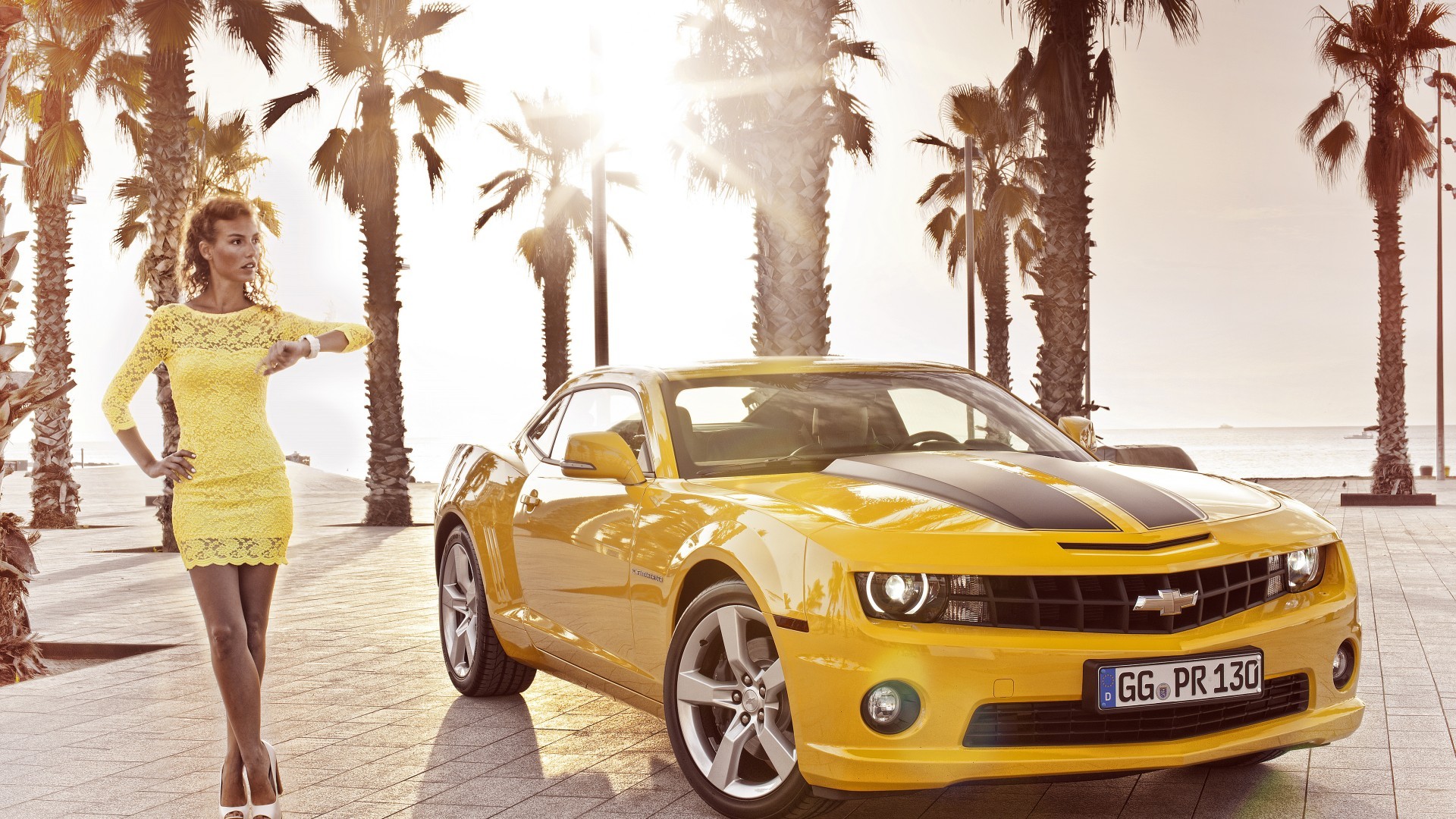 Camaro Car Palm Trees Women With Cars Yellow Dress Yellow Cars Chevrolet 1920x1080