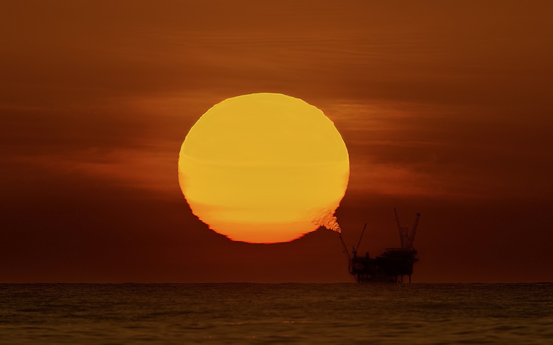 Sunset Oil Rig Sea Sun Horizon 1920x1200