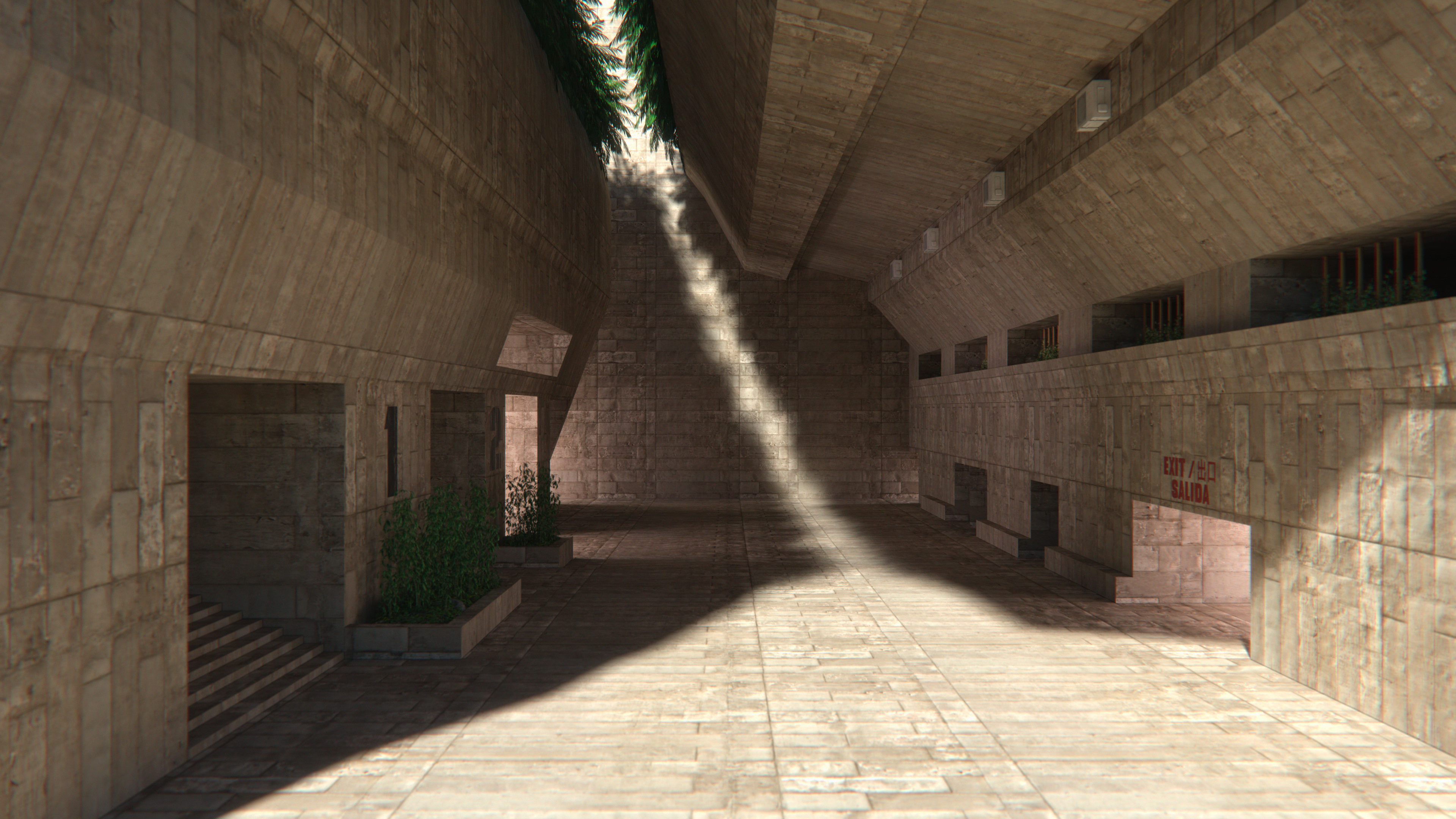 Stone Brutalism Architecture Palm Trees Building Shadow Futuristic Apartments Stairs Dystopian Isola 3840x2160