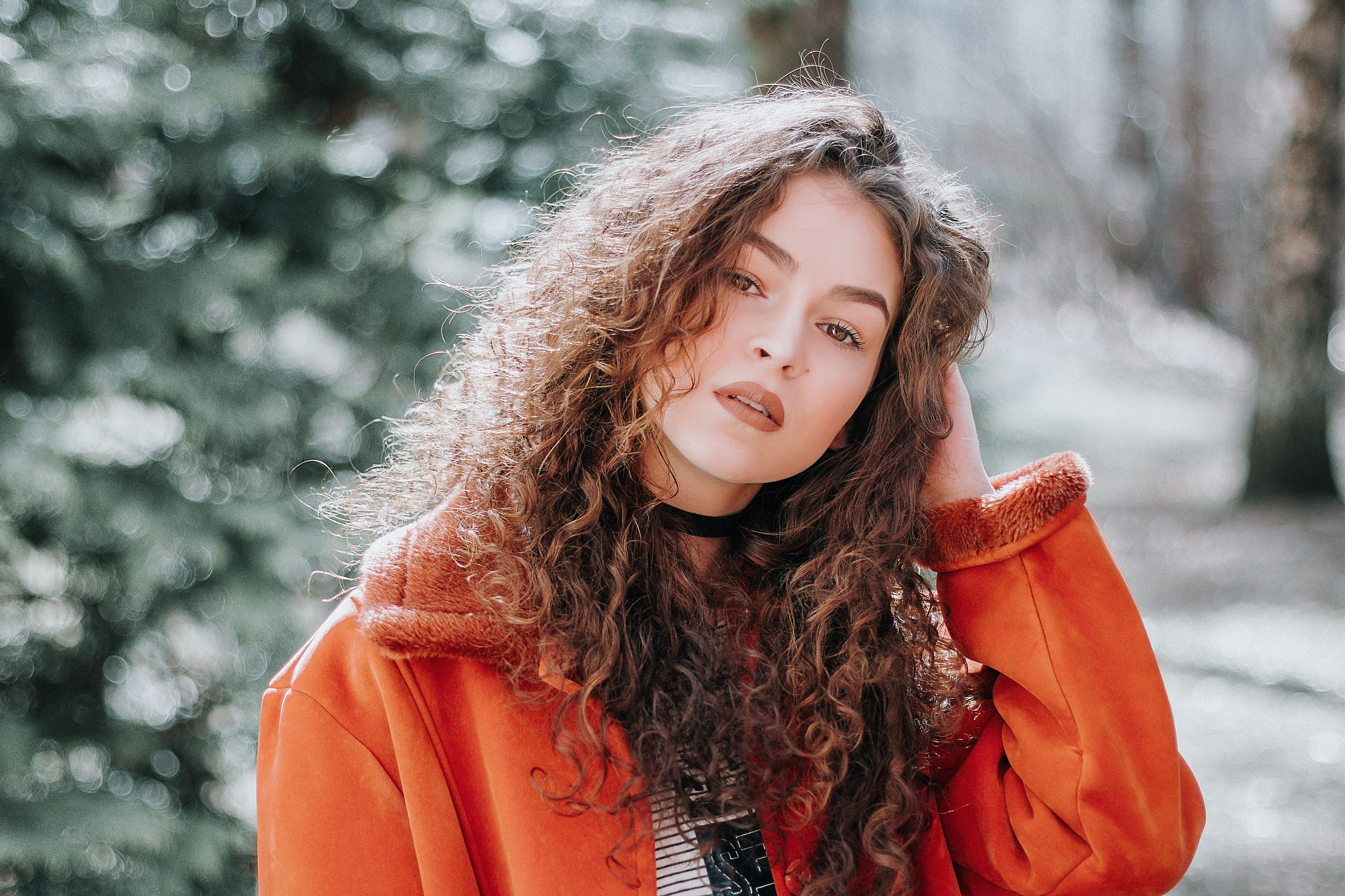 Women Curly Hair Fashion Model Outdoors Seasons Face Portrait Makeup Orange Jacket Looking At Viewer 5120x3413