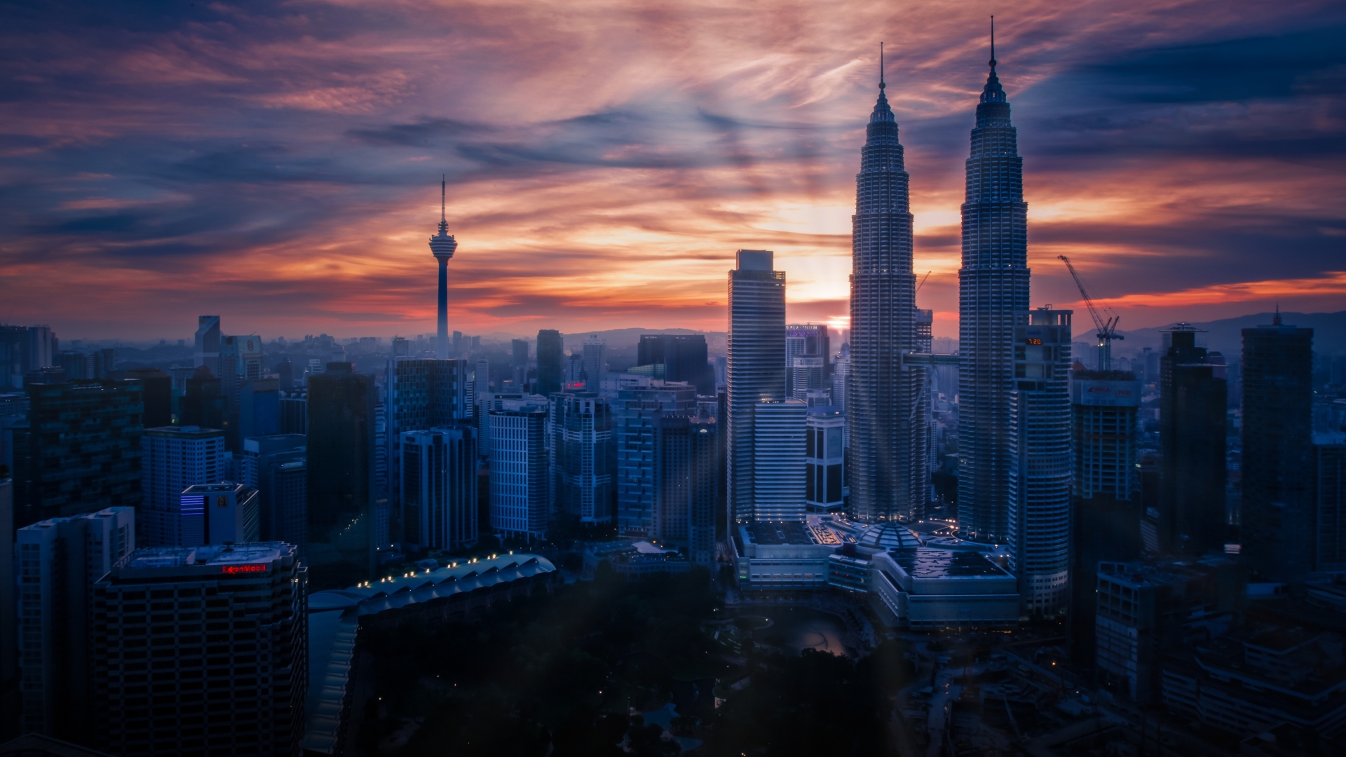 Architecture Building Skyscraper Cityscape Kuala Lumpur Malaysia Petronas Towers Tower Sunset Sun Ra 1920x1080