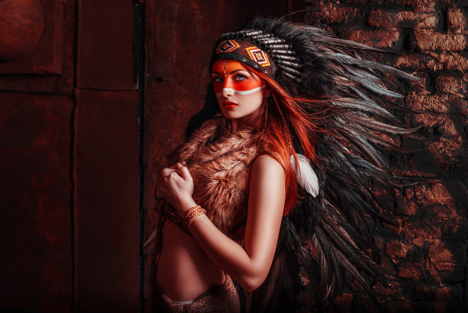 Face Paint Native American Clothing Feathers Redhead Women Ilya Novitsky Sacrilege 1572x1050