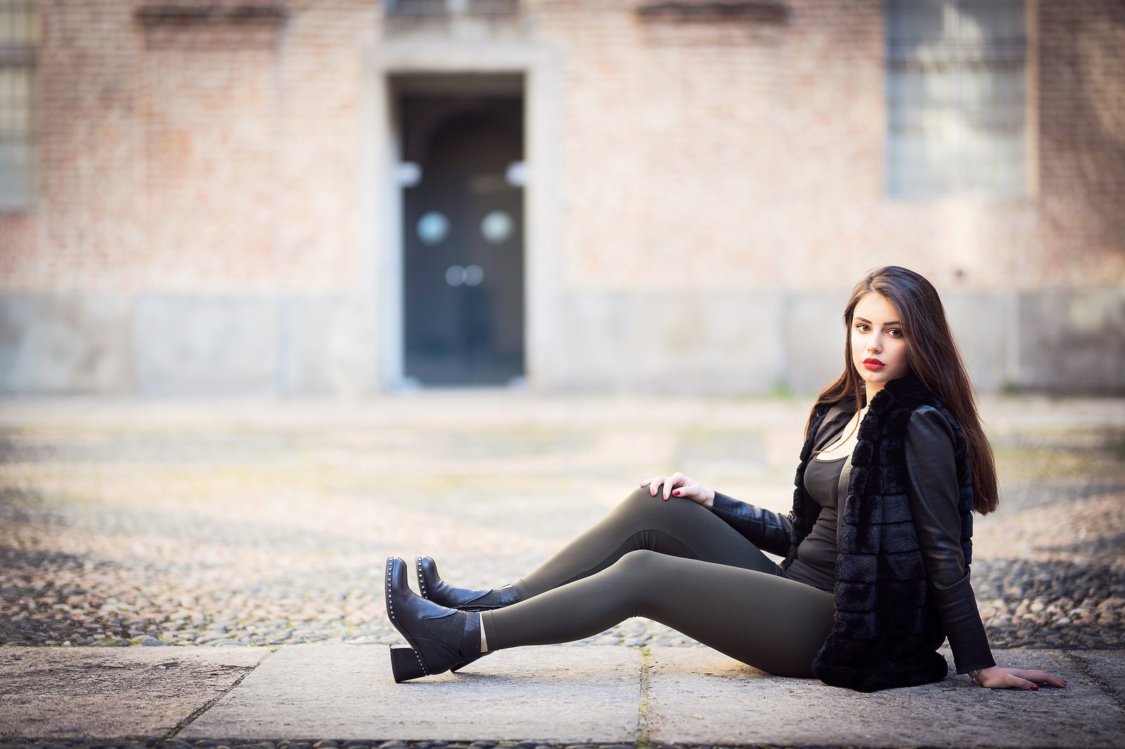 Women Brunette Sitting Red Lipstick Red Nails Leather Jackets Brown Eyes Black Jackets Black Tops Lo 1600x1066