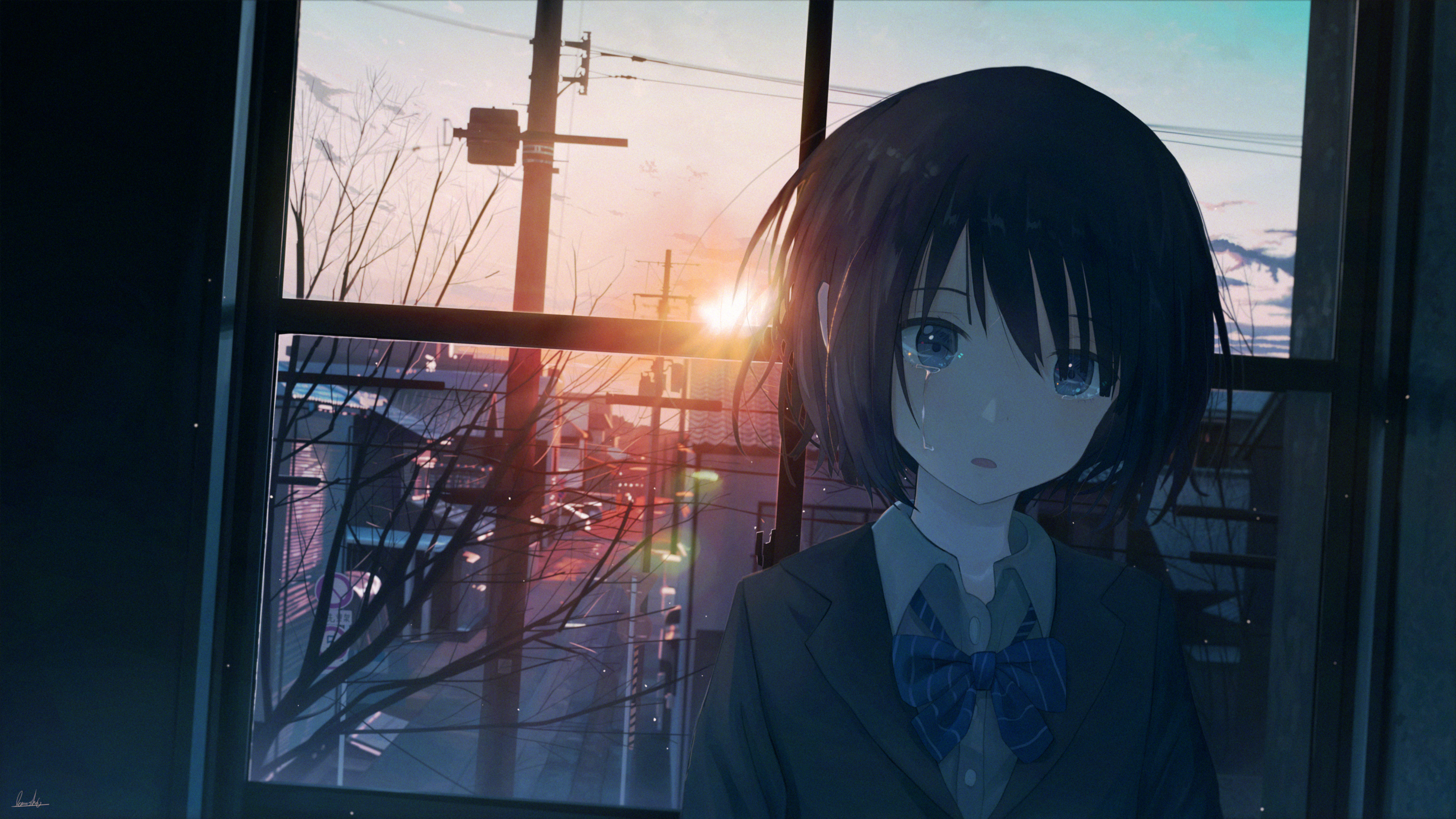 Sunset Sky Tears Crying Window Glare Dead Trees Schoolgirl Anime Girls Pixiv 3761x2115