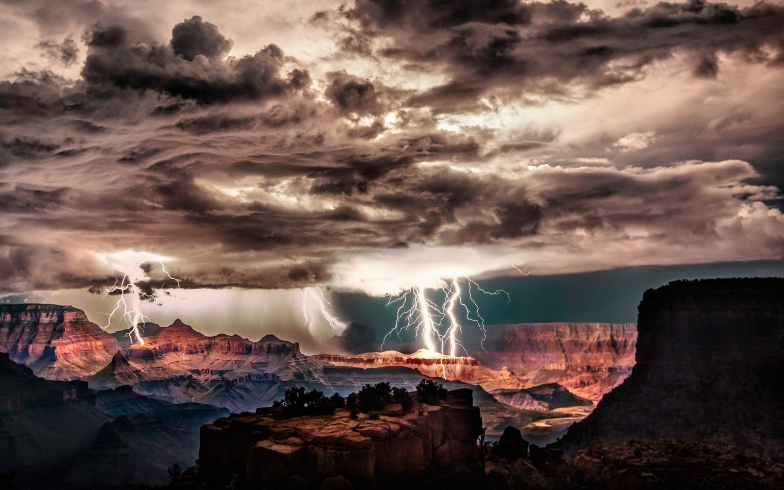 Grand Canyon Lightning Storm Clouds Night Cliff Erosion Nature Landscape 1600x1000