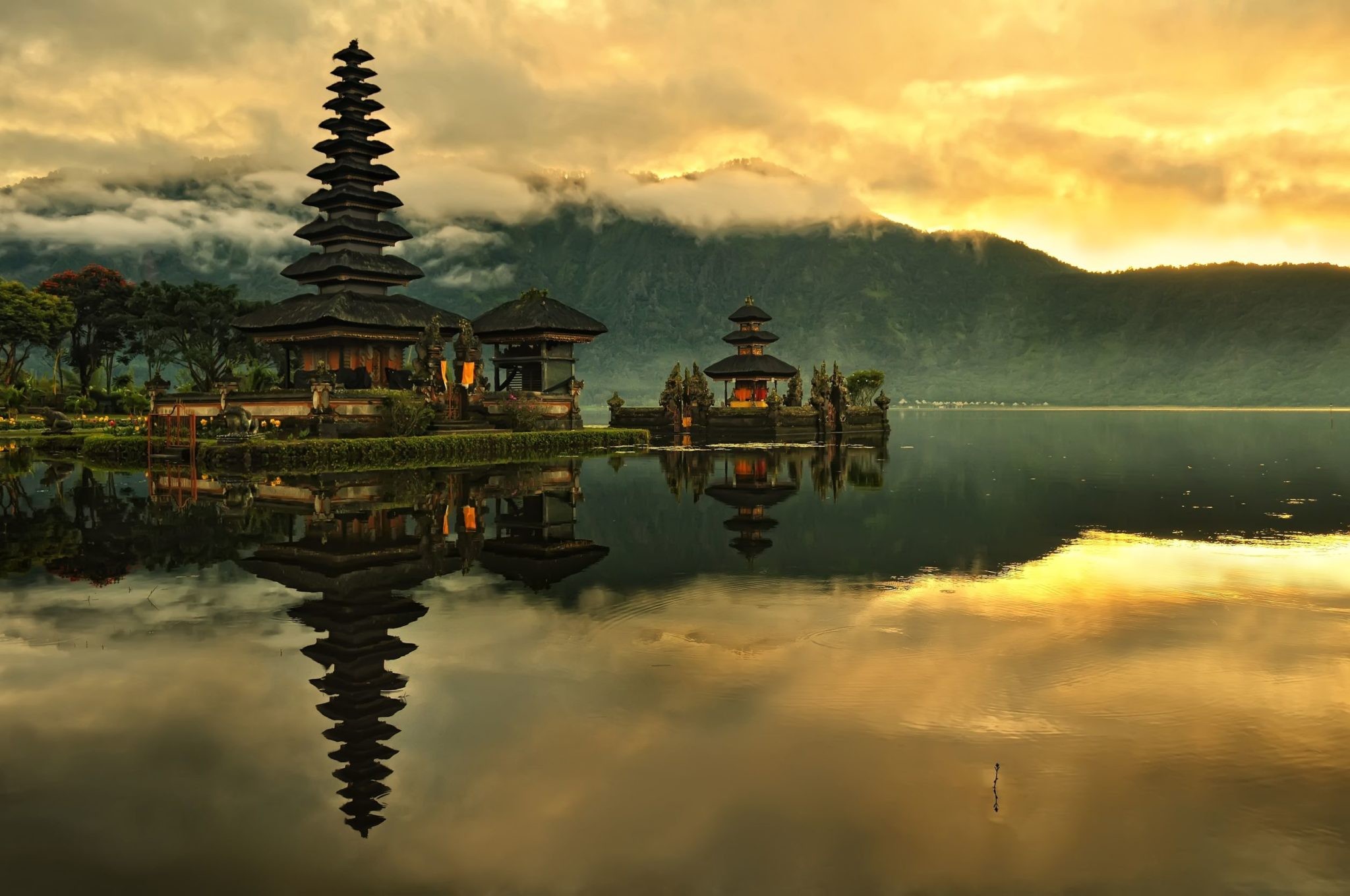 Nature Landscape Water Indonesia Bali Island Lake Temple Asian Architecture Clouds Sunrise Mist Tree 2048x1360
