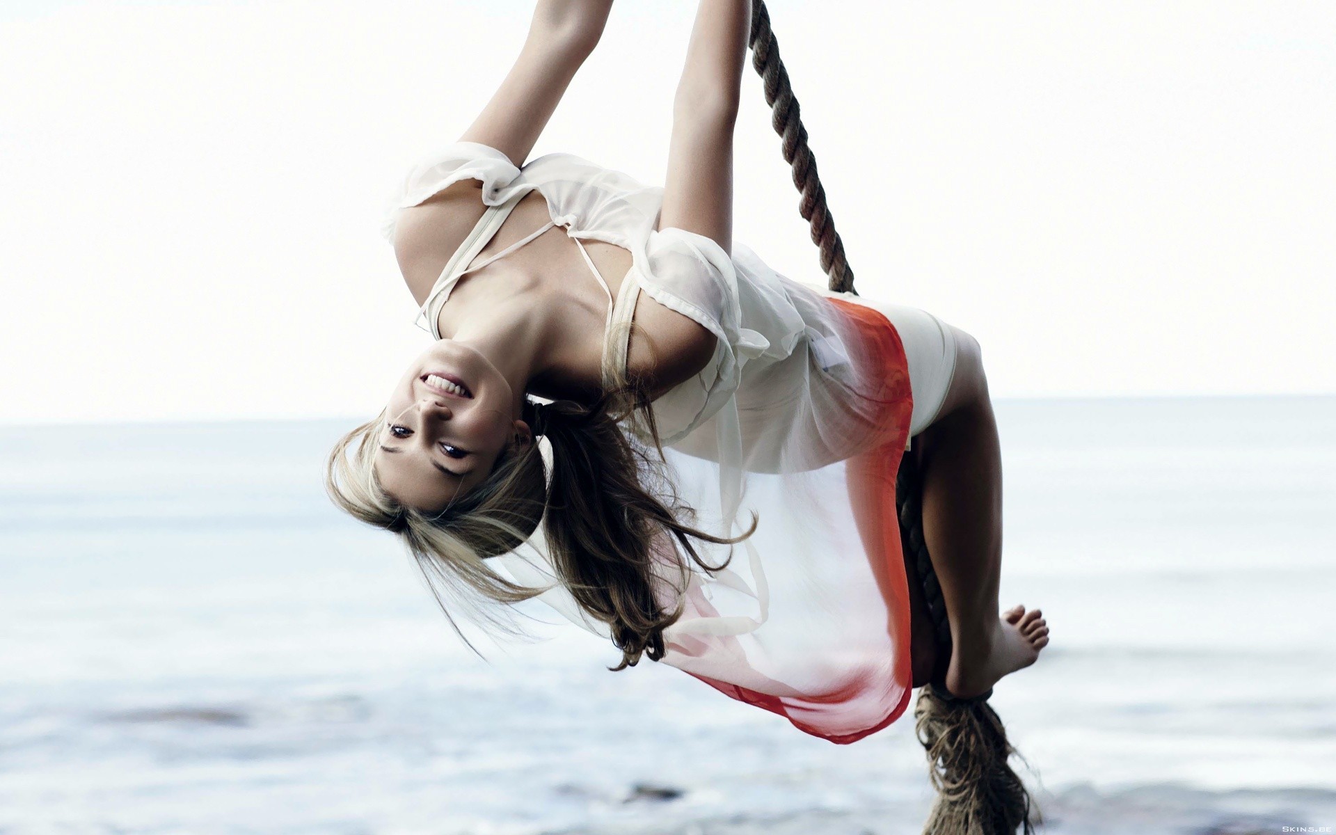 Women Ropes Swings Sea Upside Down Barefoot 1920x1200