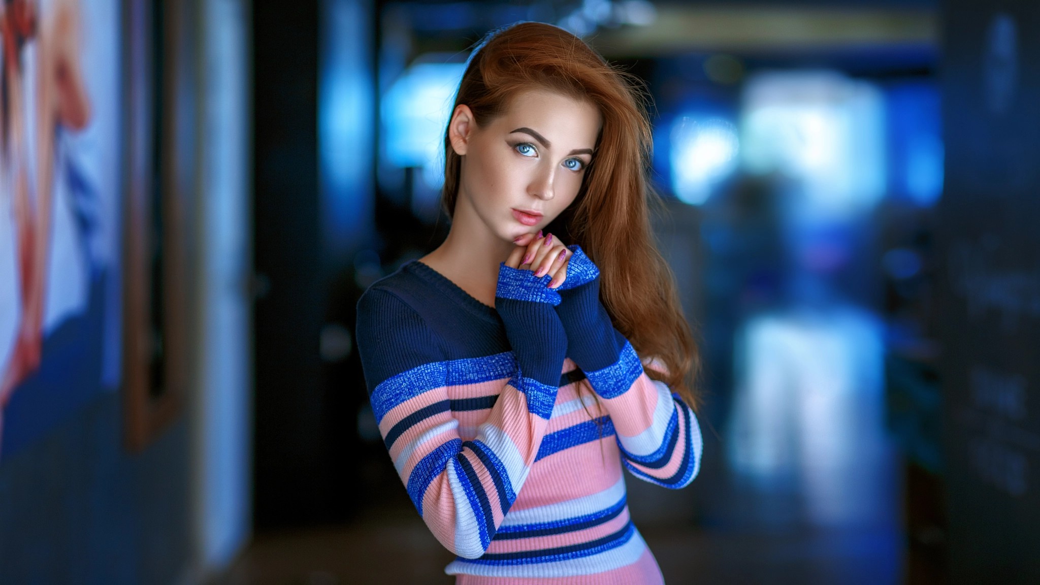 Andrey Metelkov Portrait Depth Of Field Blue Eyes Face Looking At Viewer Bokeh Shirt Women Indoors P 2048x1152