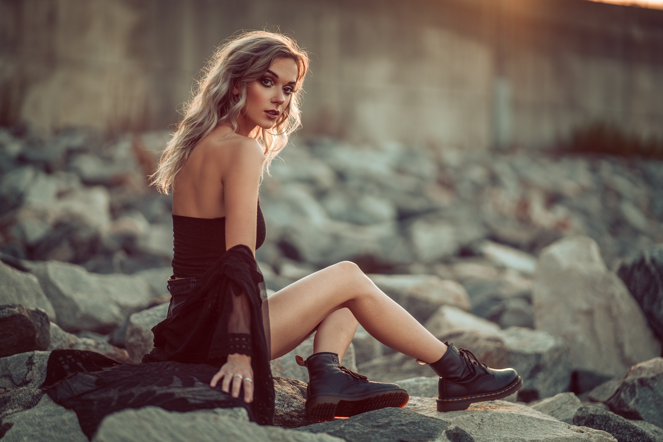 Women Model Blonde Bare Shoulders Women Outdoors Boots Sunlight Portrait Depth Of Field Doc Martens 2560x1707