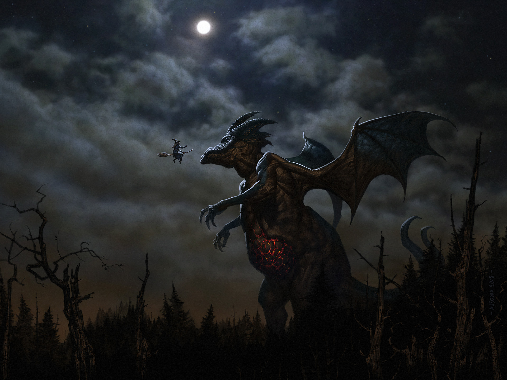 Ausonia 23 Medieval Dragon Night Giant Bat Wings Horns Forest Trees Clouds Witch Moon Dark 1920x1440