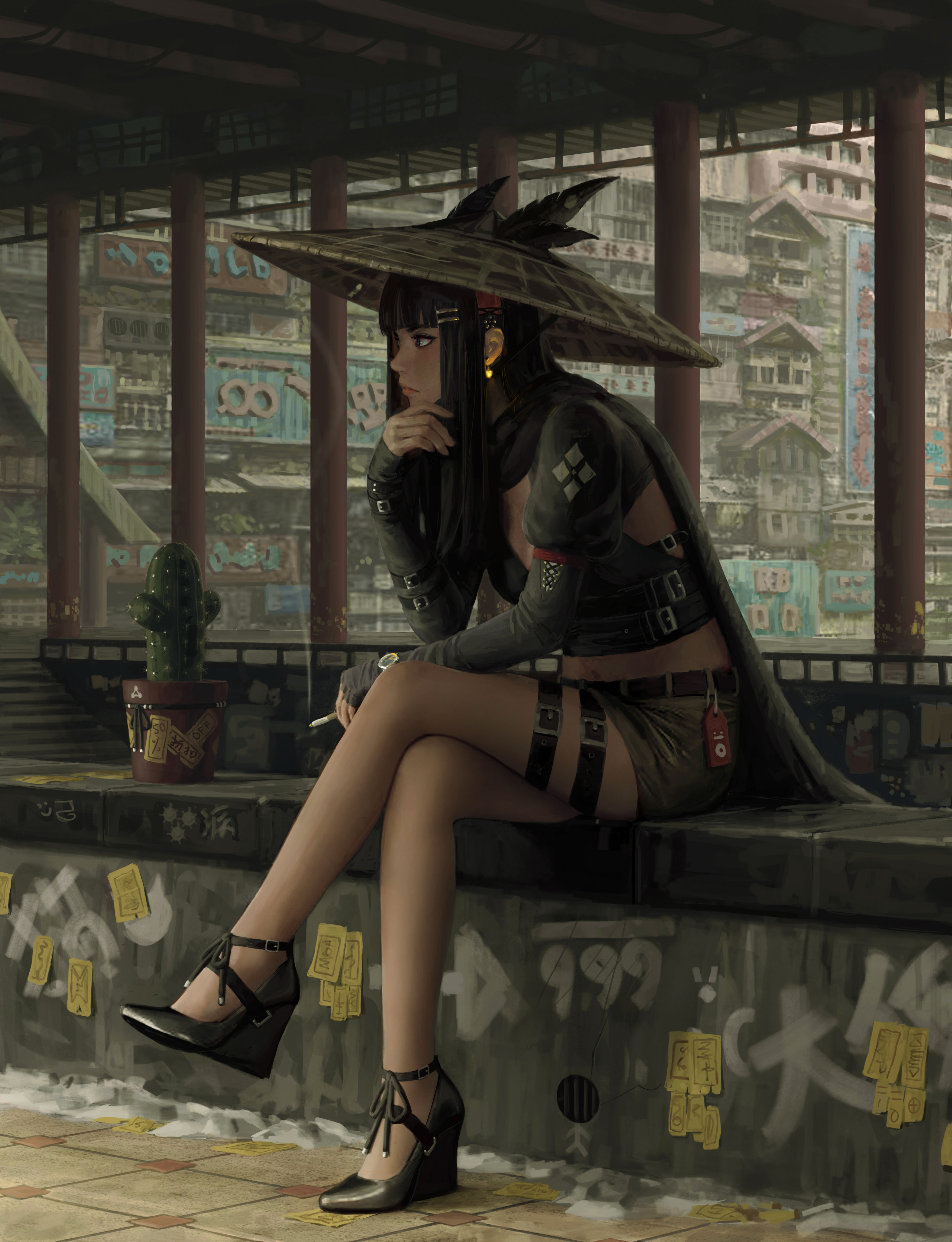 GUWEiZ Fantasy Art Eastern Legs Legs Crossed Hat Cactus Cigarettes 3140x4096
