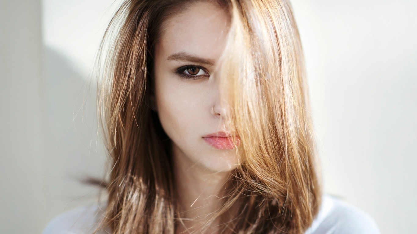Women Brunette Elena Aksenova Brown Eyes Hair In Face Nose Ring Long Hair 1366x768