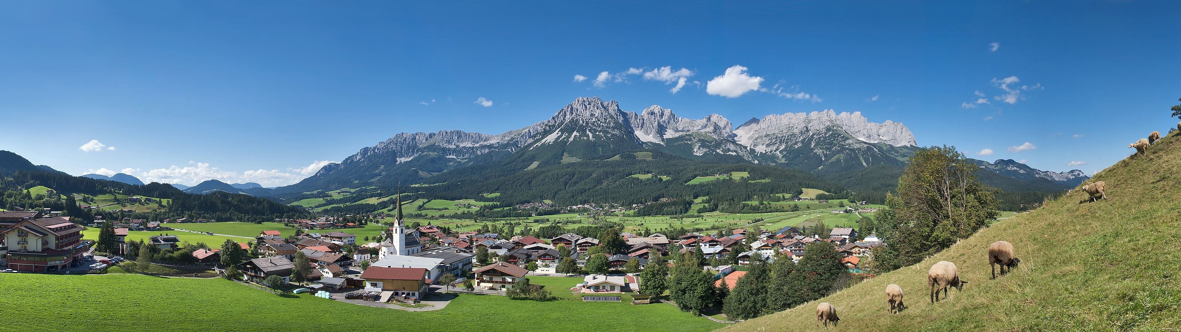 Landscape Austria Town Valley Mountains Sheep Multiple Display Dual Monitors 3840x1080