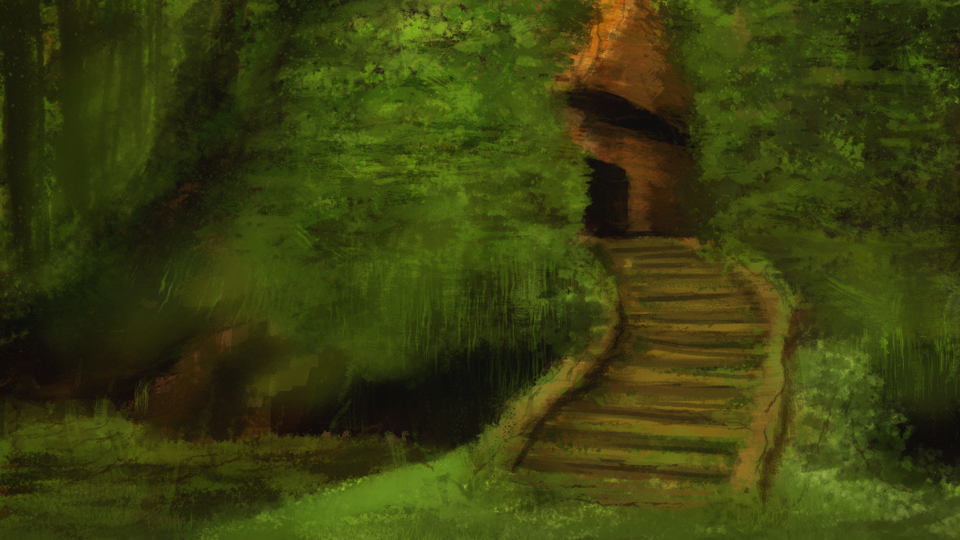 Landscape Environment Concept Art Path Photoshop Painting Drawing Tree House Wood Forest 1920x1080