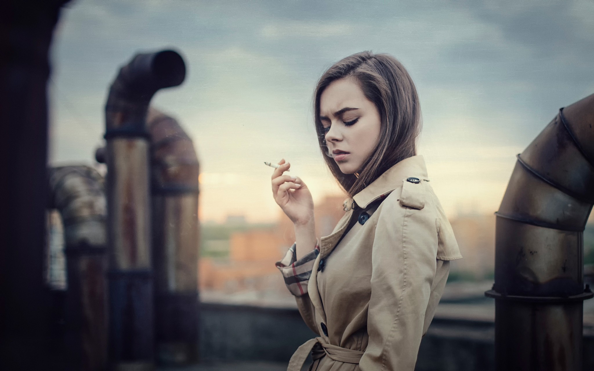 Women Model Smoking Burberry Trench Coat Rooftops Brunette Cigarettes Closed Eyes Coats 2048x1280