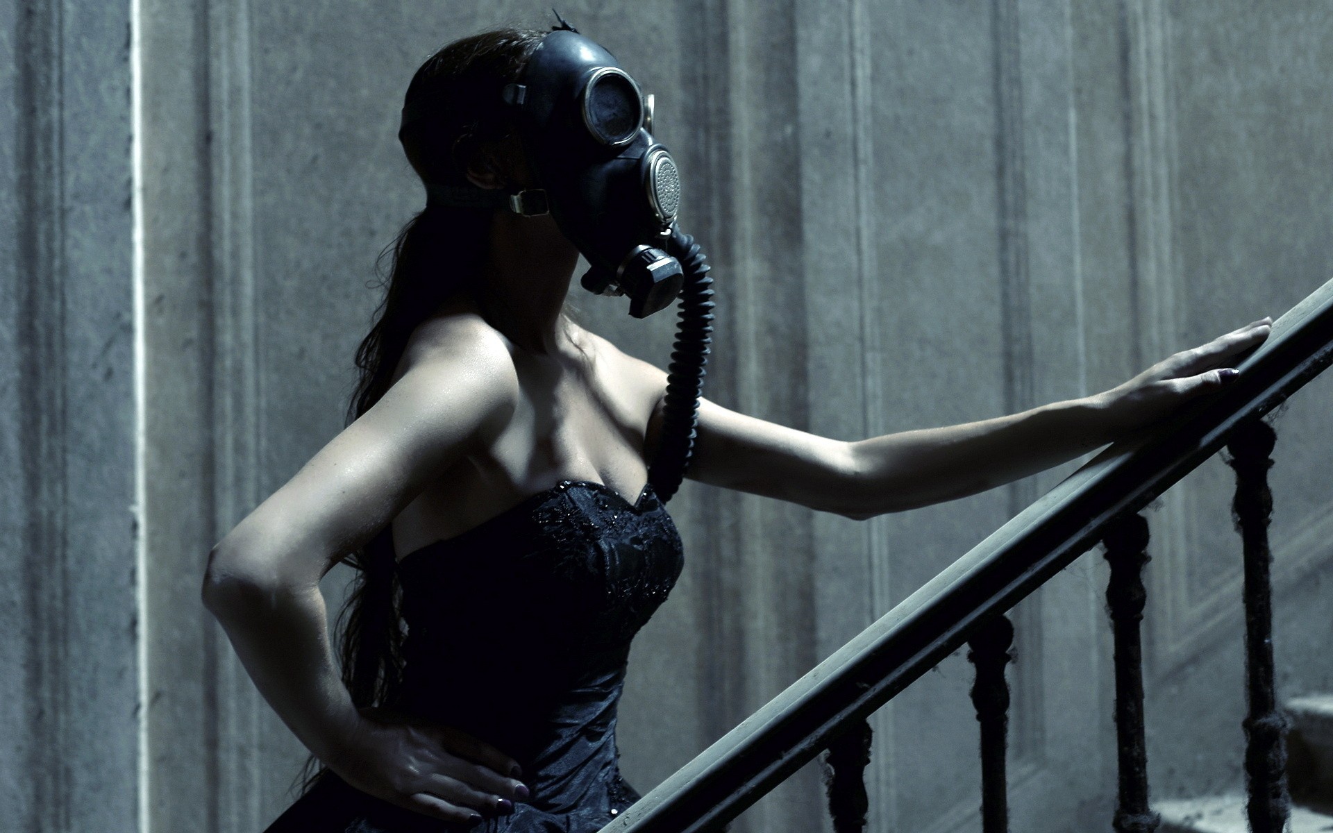 Women Gas Masks Black Dress Bare Shoulders Dark Arms Hands Stairs 1920x1200