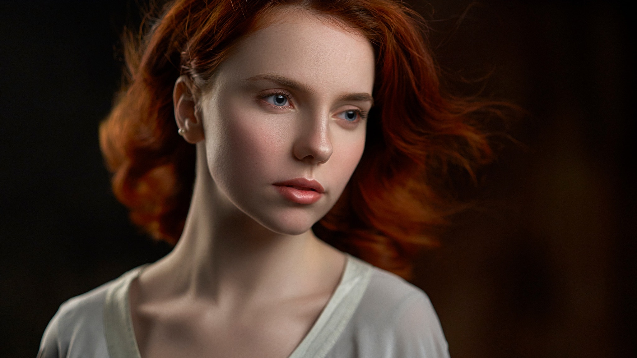 Redhead Pavel Cherepko Women Portrait Simple Background Blue Eyes Looking At Viewer Face Photography 2048x1152