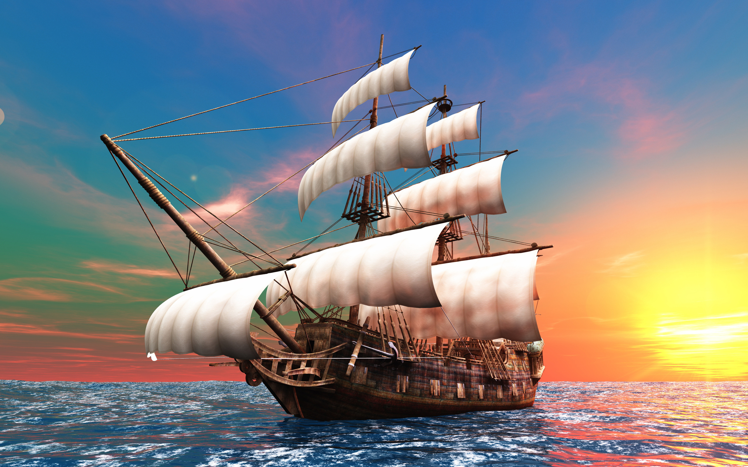 Sailing Ship Sea Sunset Retouching Digital Art 2560x1600