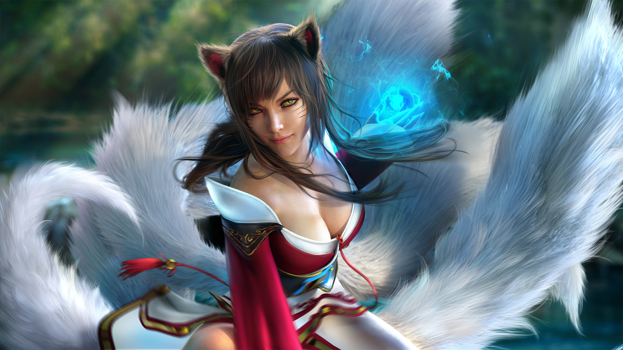 Sevenbees League Of Legends CGi Ahri League Of Legends Ahri Nine Tails Magician Spell Yellow Eyes Fo 2560x1440