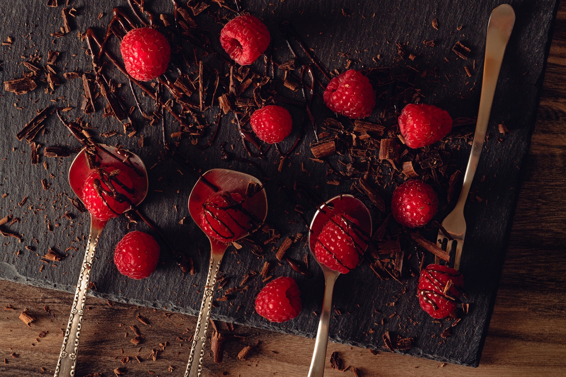 Food Fruit Berries Chocolate Spoon Raspberries 1920x1280