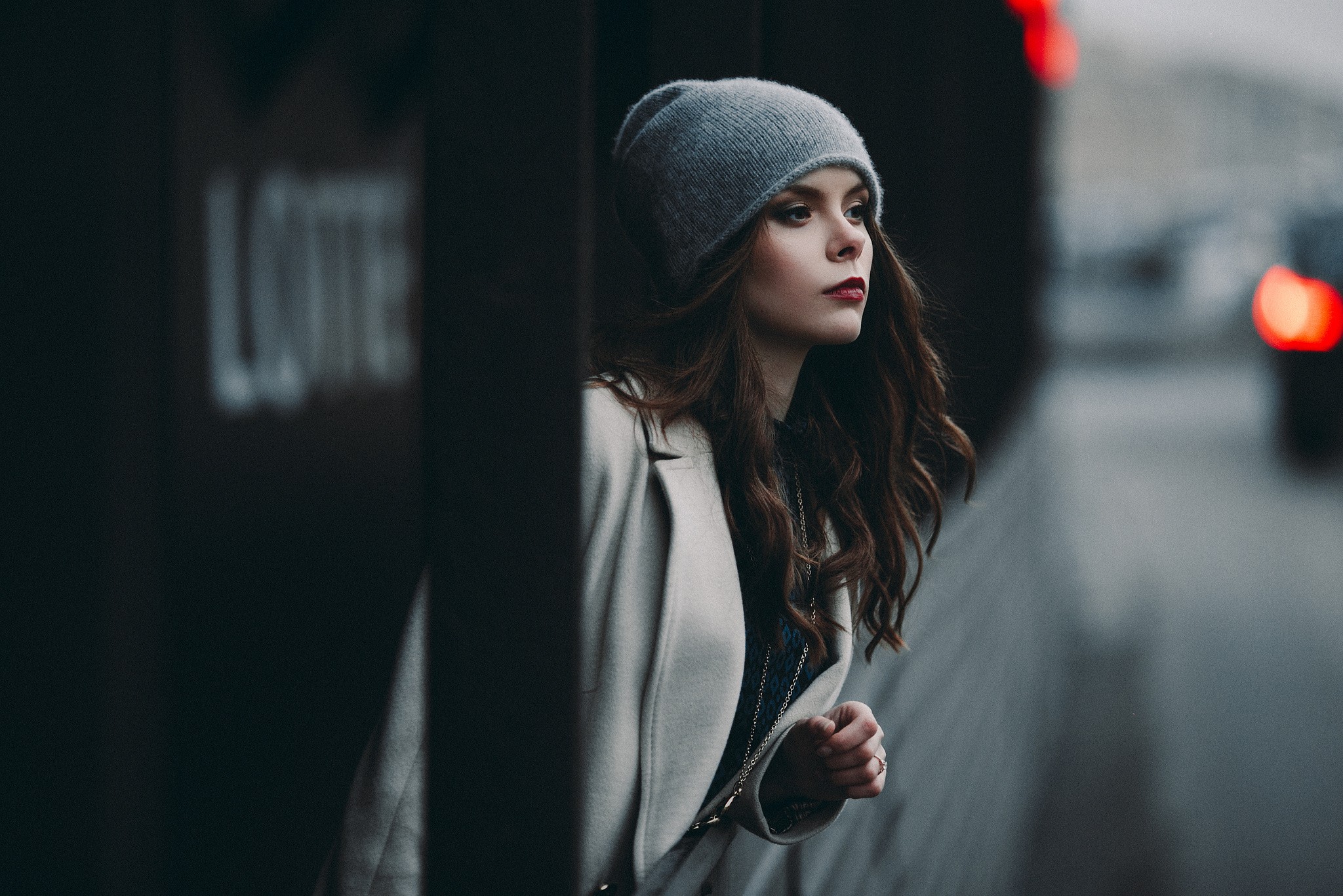 Women Model Portrait Looking Away Brunette Red Lipstick Coats White Coat 2048x1366