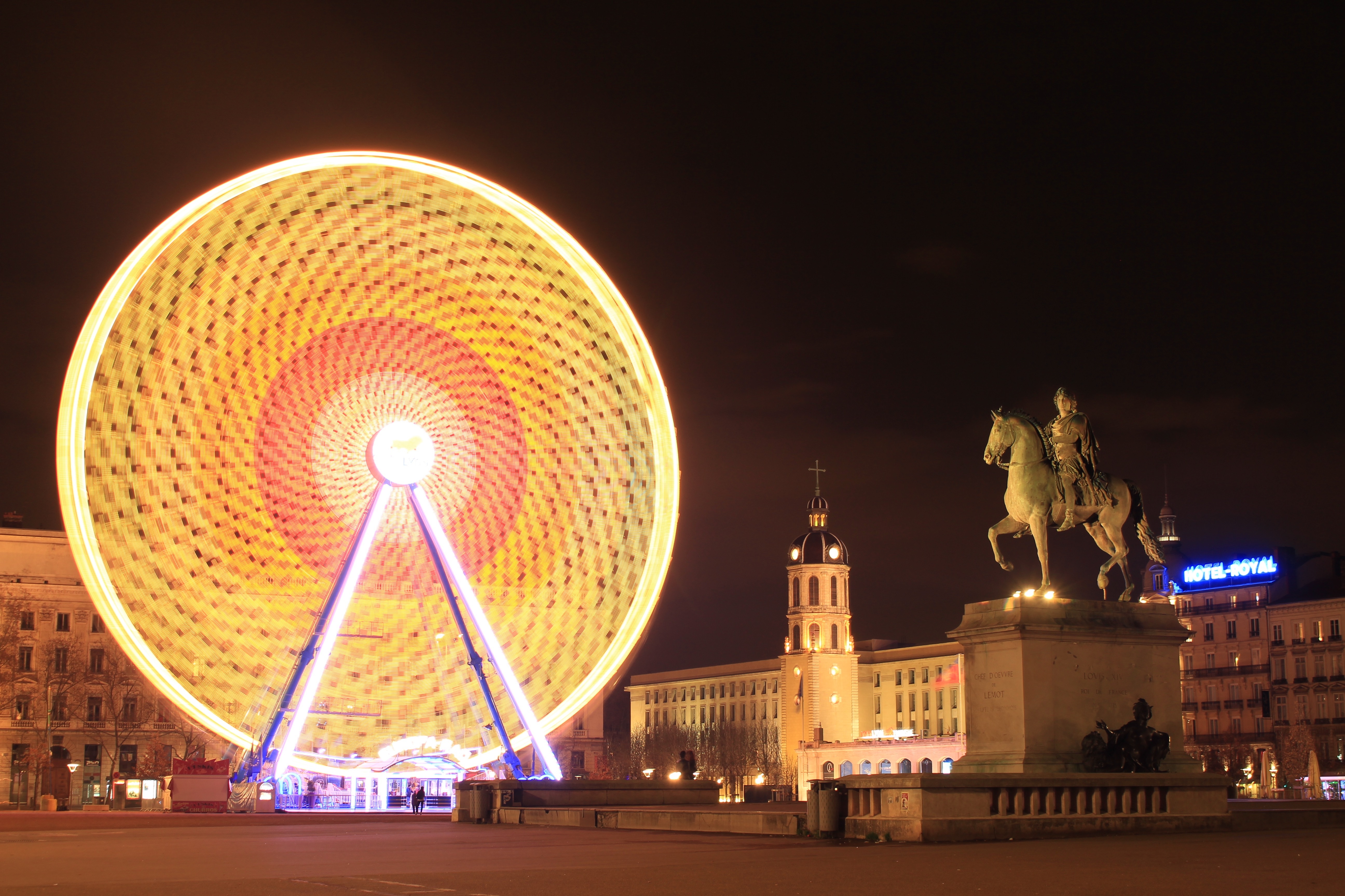 Ferris Wheel France Statue Building Lyon Night Light 5184x3456