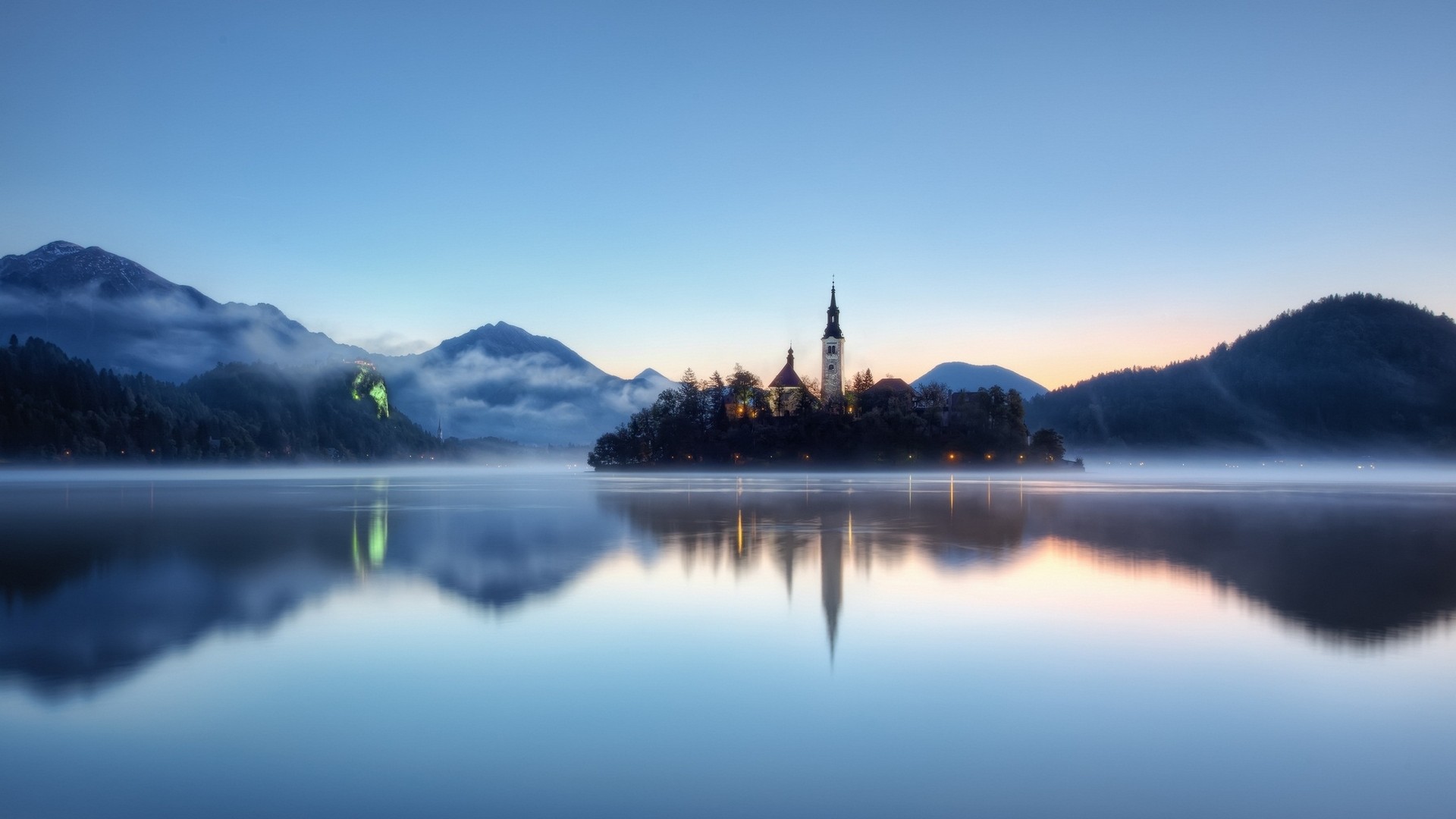 Lake Reflection Island Water Trees Landscape Nature Mountains Church Lake Bled Mist Calm Blue Clear  1920x1080