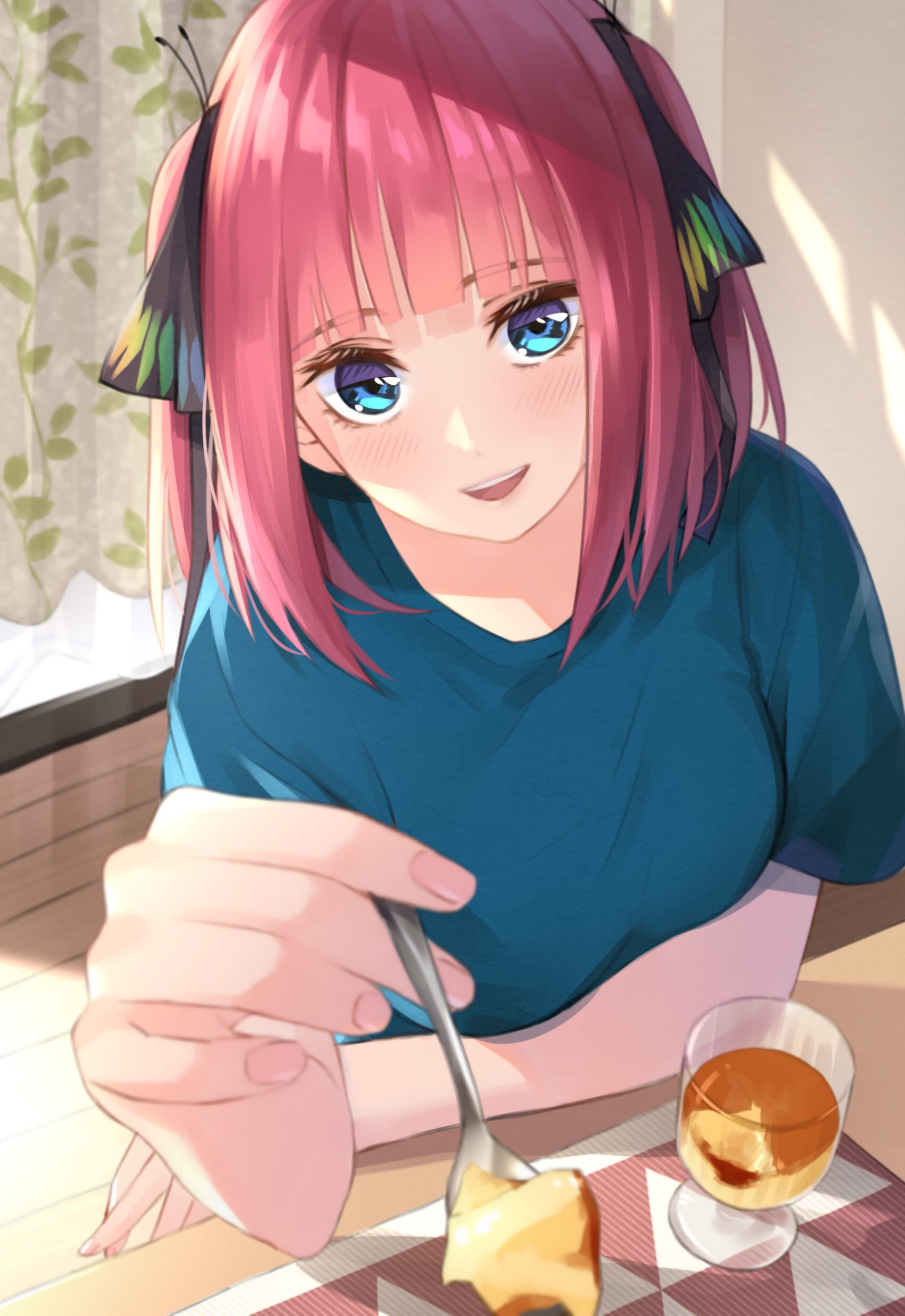 5 Toubun No Hanayome Anime Girls Short Hair Pink Hair Ribbon Nakano Nino Blue Eyes Blushing Smiling  1700x2473