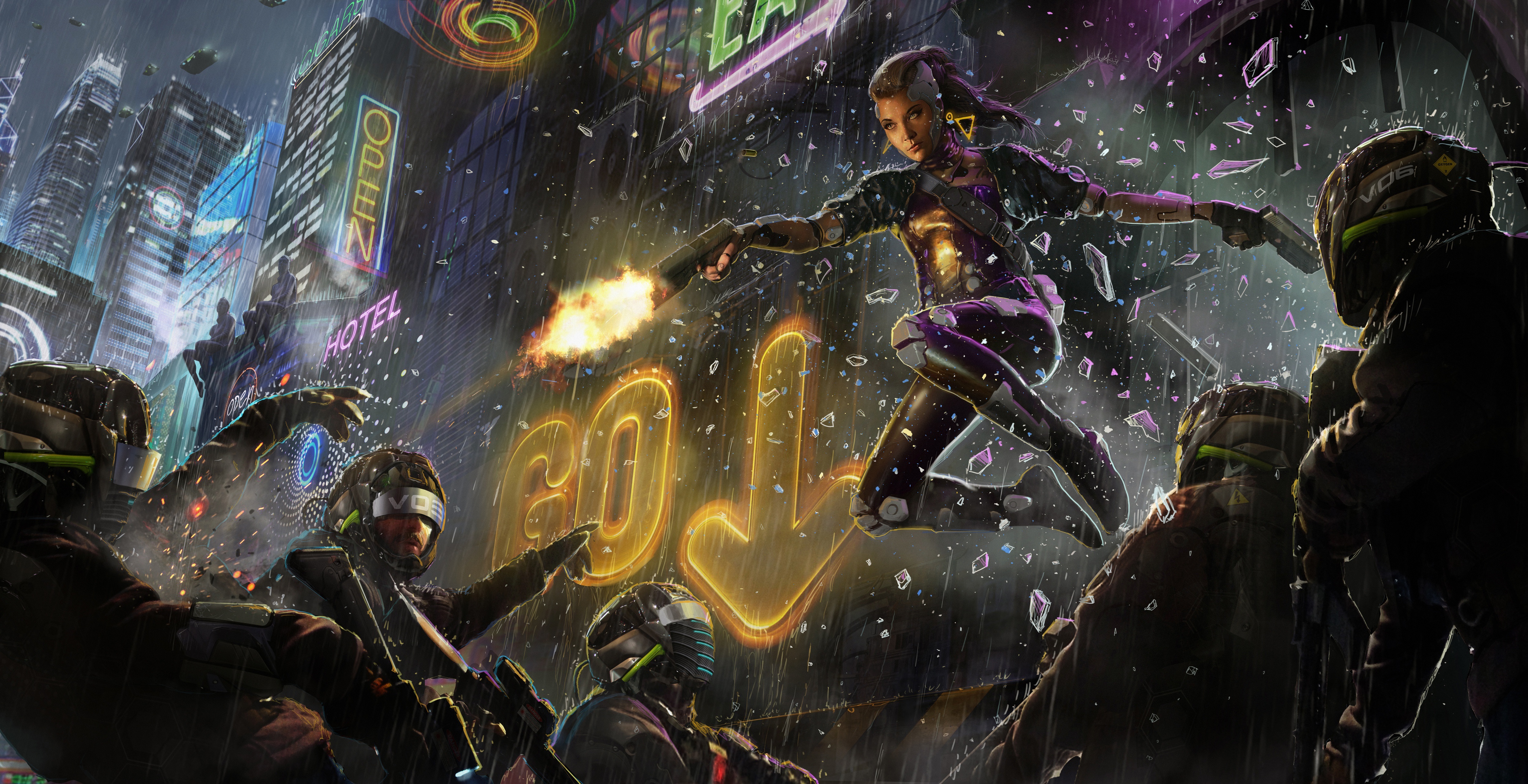 Digital Art Women Cyberpunk Science Fiction Shooting Weapon Fantasy Art 5000x2566