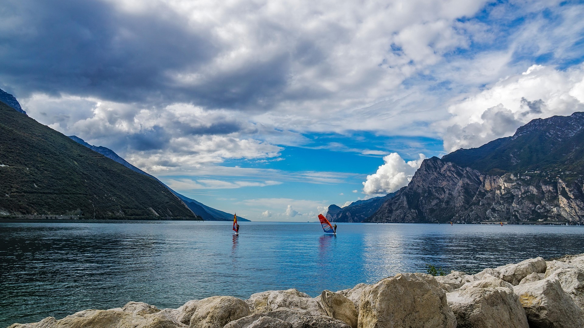 Nature Landscape Clouds Sky Rocks Water Mountains Lake Garda Italy Surfers 1920x1080