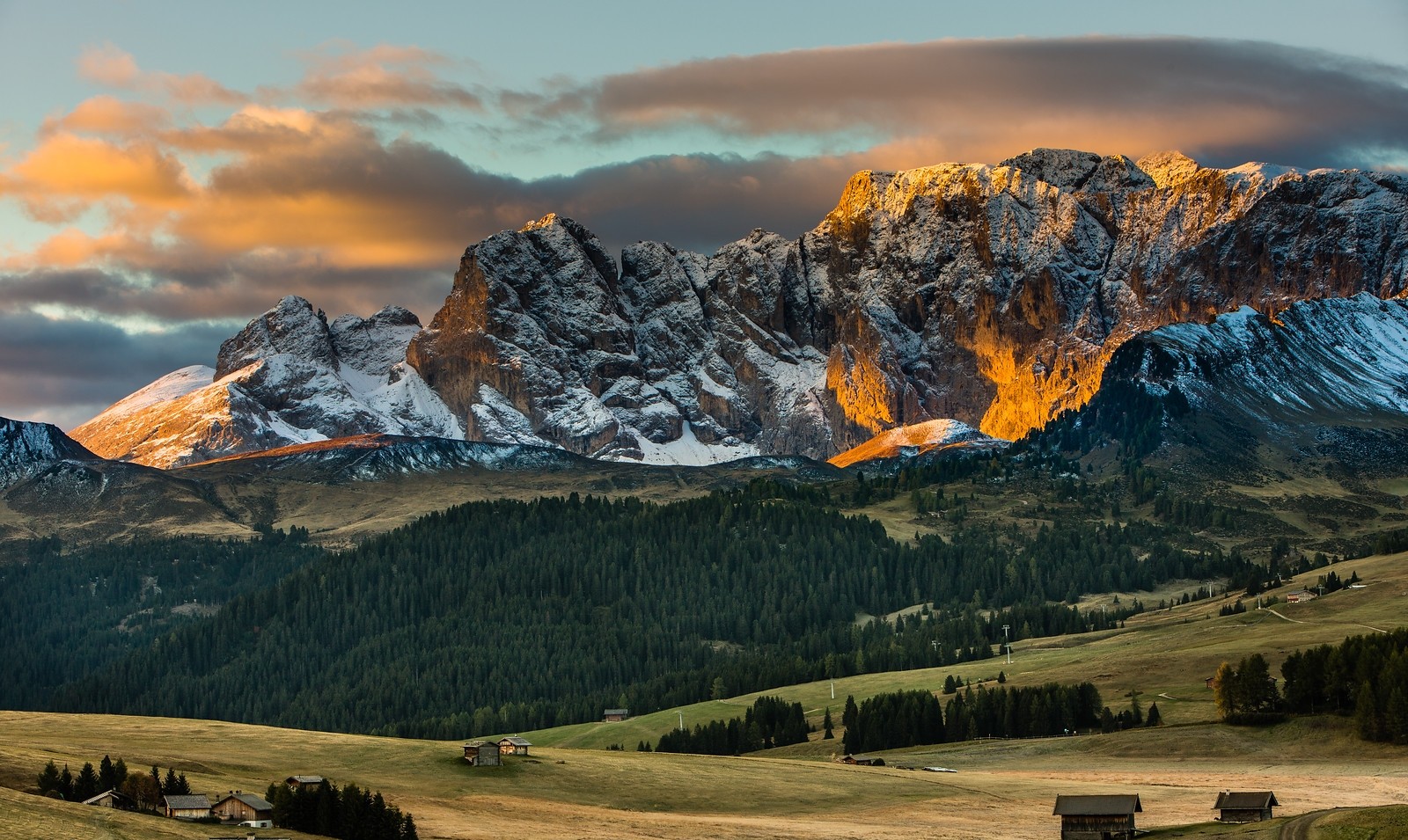 Sunset Mountains Forest Dolomites Mountains Snowy Peak Clouds Grass Cabin Alps Nature Landscape 1600x955