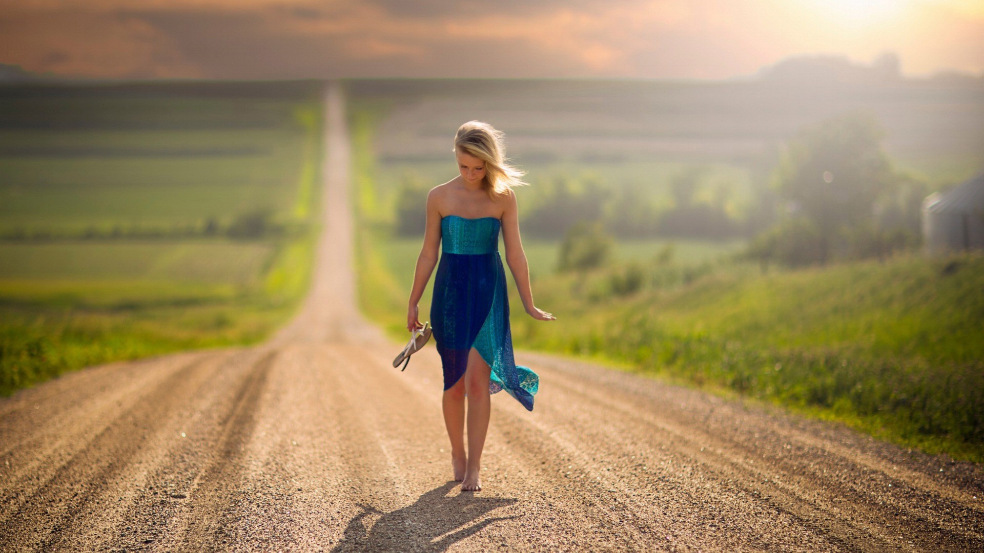 Women Blonde Road Nature Landscape Jake Olson Blue Dress Bare Shoulders Strapless Dress Walking Wome 1920x1080