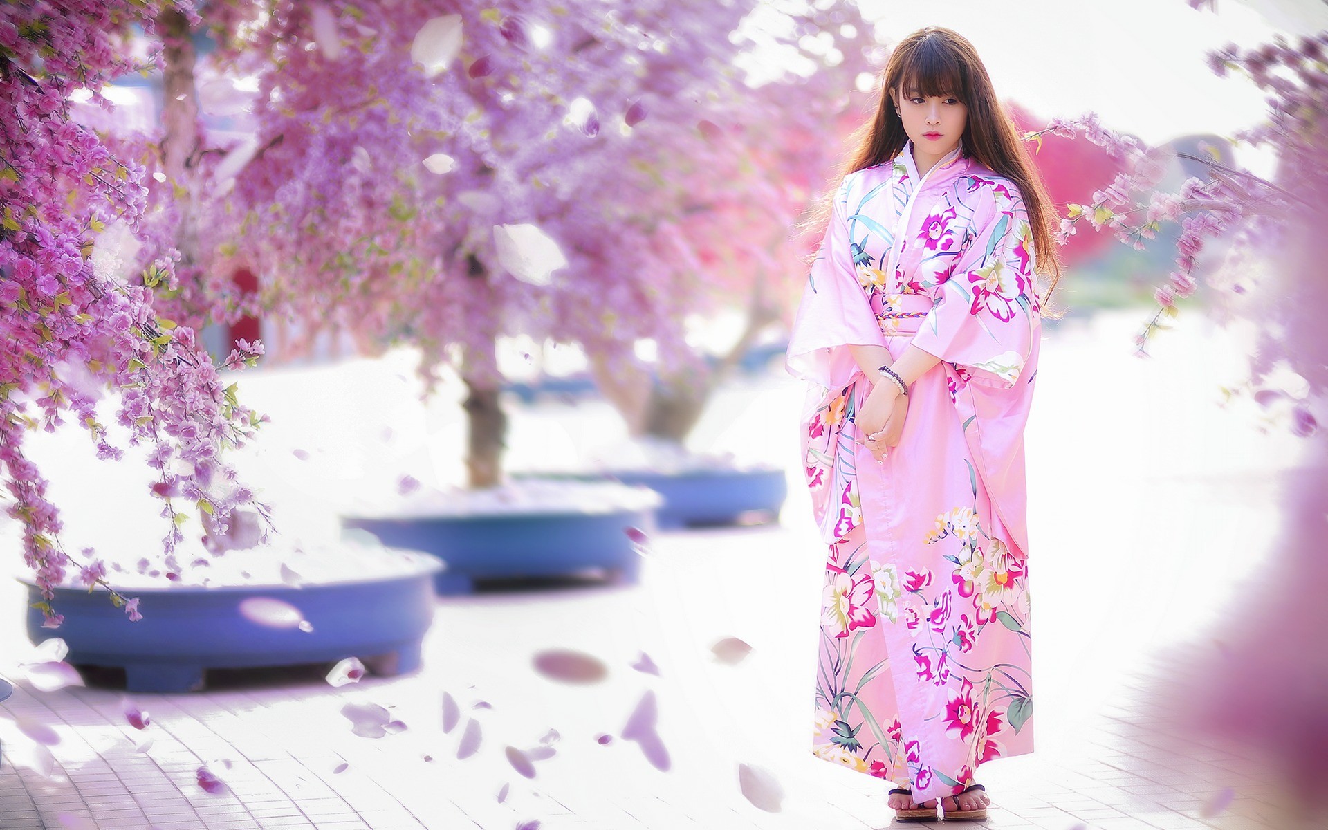 Asian Model Women Brunette Long Hair Women Outdoors Japanese Clothes Geisha Trees Pink Dress Flowers 1920x1200