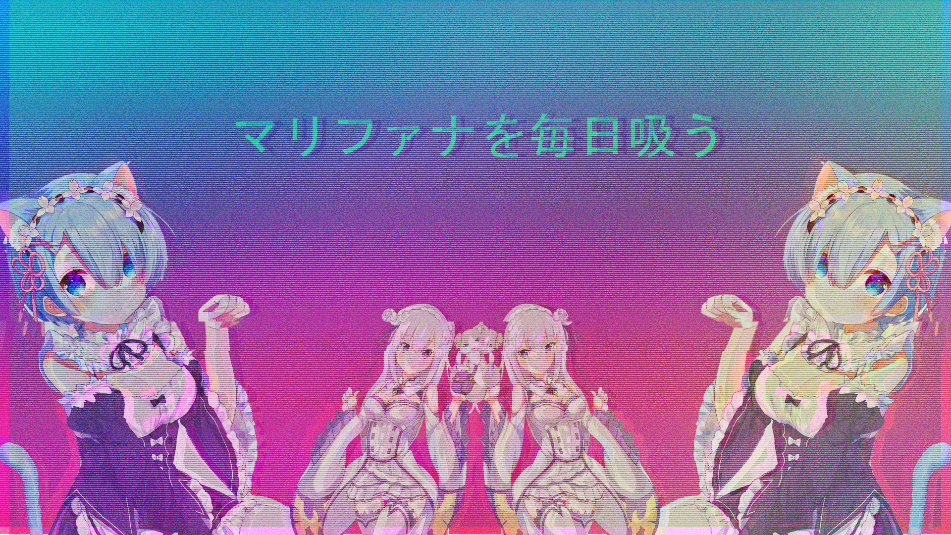 Vaporwave Glitch Art Photo Manipulation Anime Girls Cross Gun Gangsters VHS Video Tape 3D Ram Re Zer 1920x1080