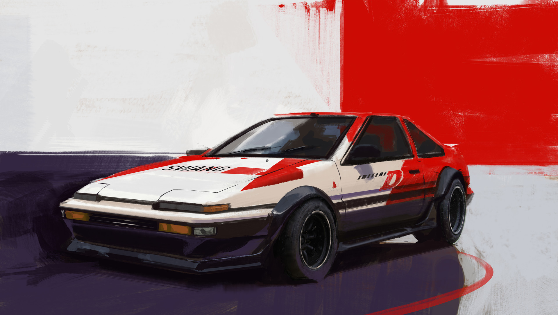 Initial D Car Concept Art Toyota Ae86 Purple Red Front Angle View Pop Up Headlights Wallpaper Resolution 19x1084 Id Wallha Com