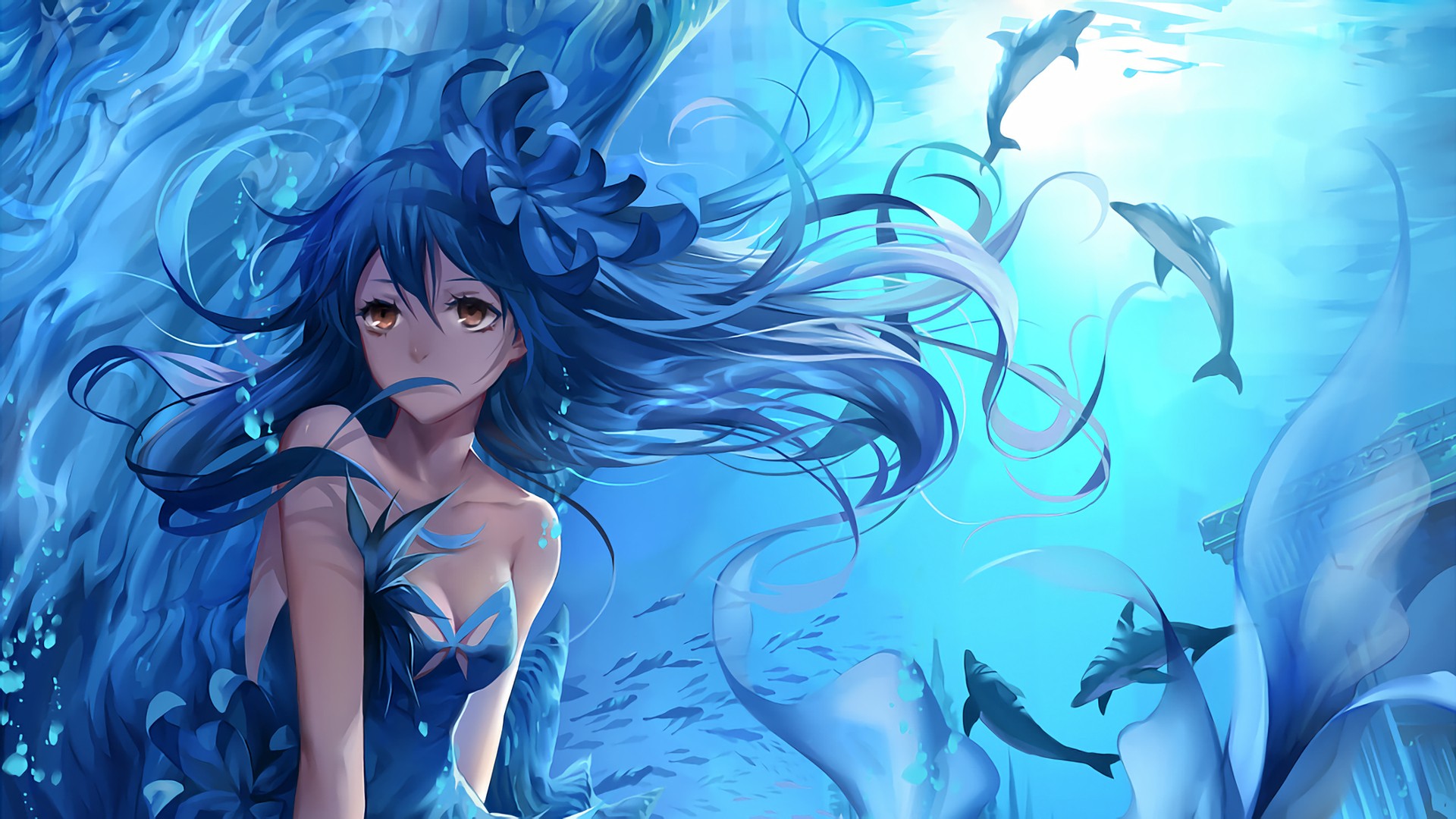 Anime Girls Anime Blue Hair Long Hair Underwater Cyan Wallpaper Resolution1920x1080 Id 0234
