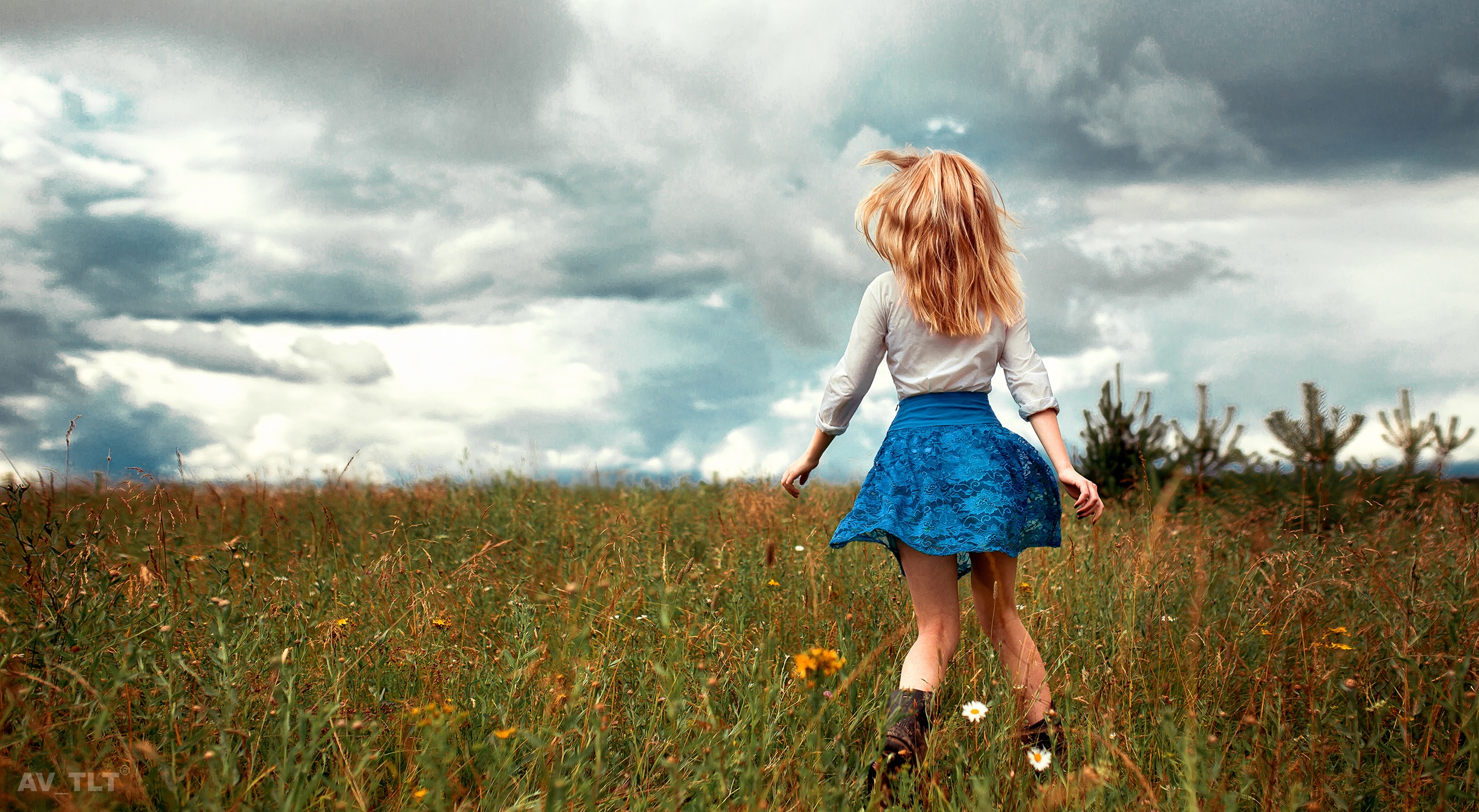 Aleksandr Suhar Women Model Outdoors Blonde Shirt White Shirt Back Grass Sky Clouds Landscape Women  2560x1406