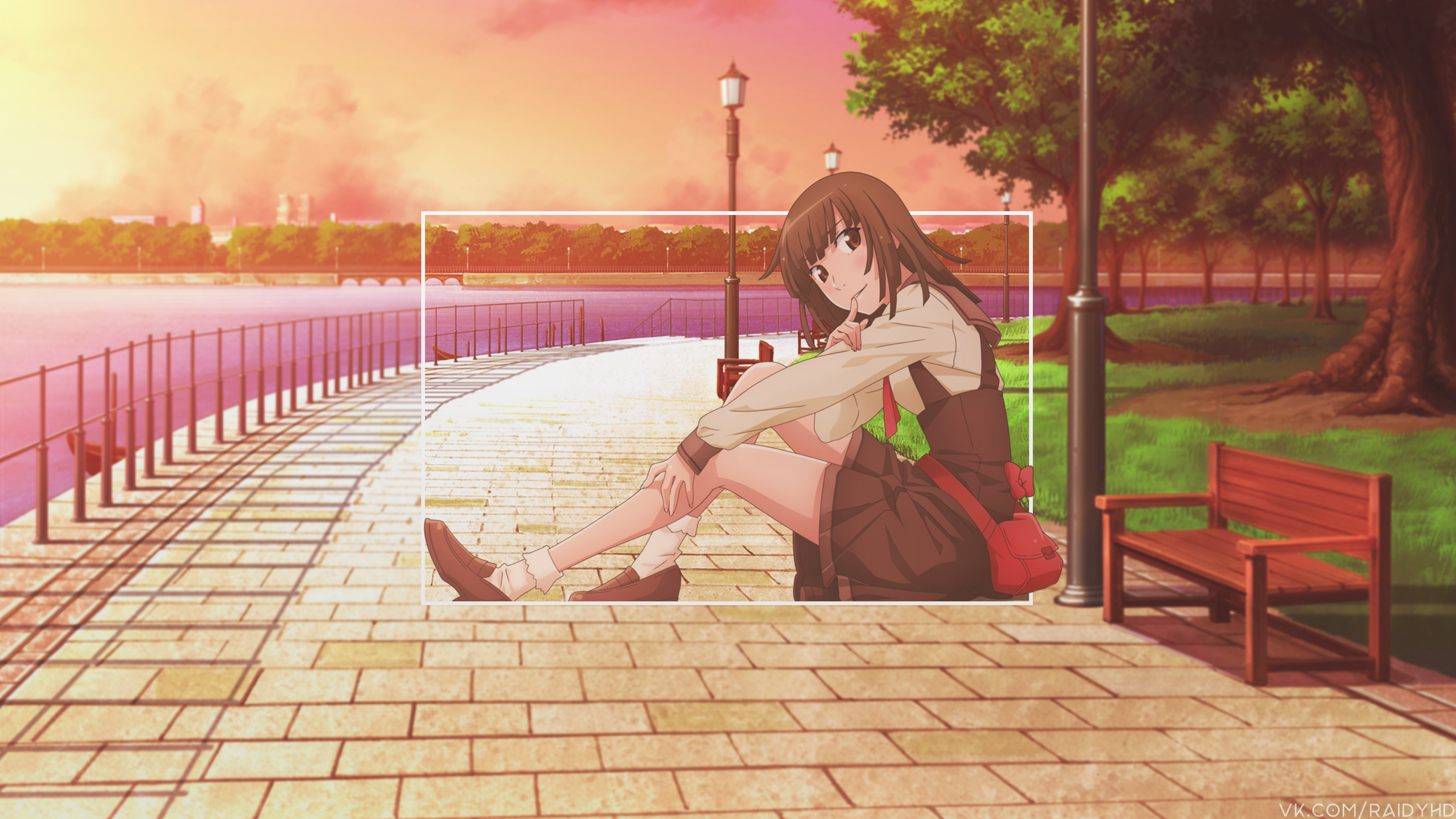 Anime Girls Anime Picture In Picture Bench Sitting Sengoku Nadeko 3840x2160